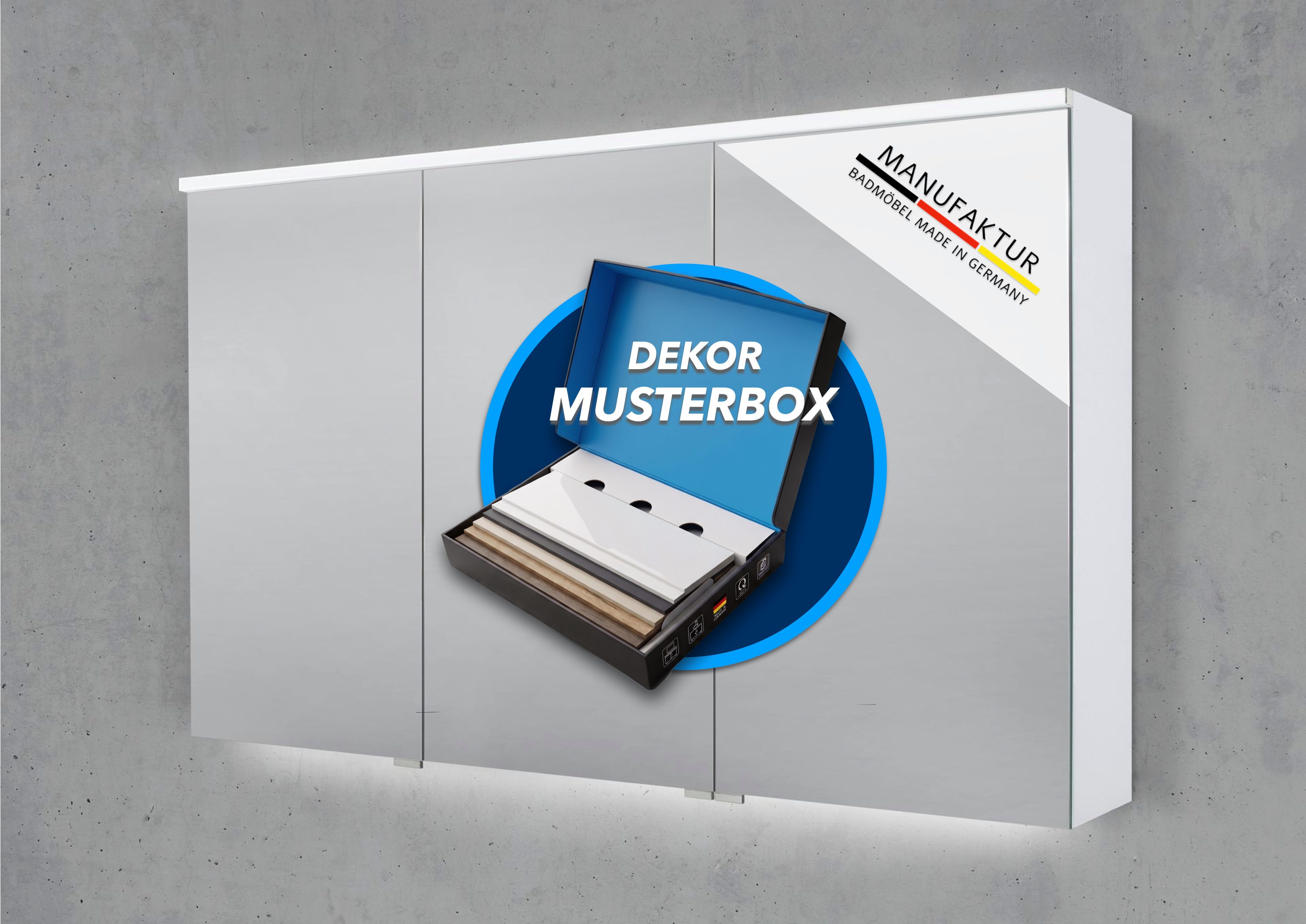 Intarbad Badezimmerspiegelschrank 1 x Musterbox mit 6 Dekorvarianten für Intarbad Spiegelschränke (6 Musterdekore, Weiß Matt / Hochglanz, Kaschmir Matt, Anthrazit, Eiche Natur / Tabak)