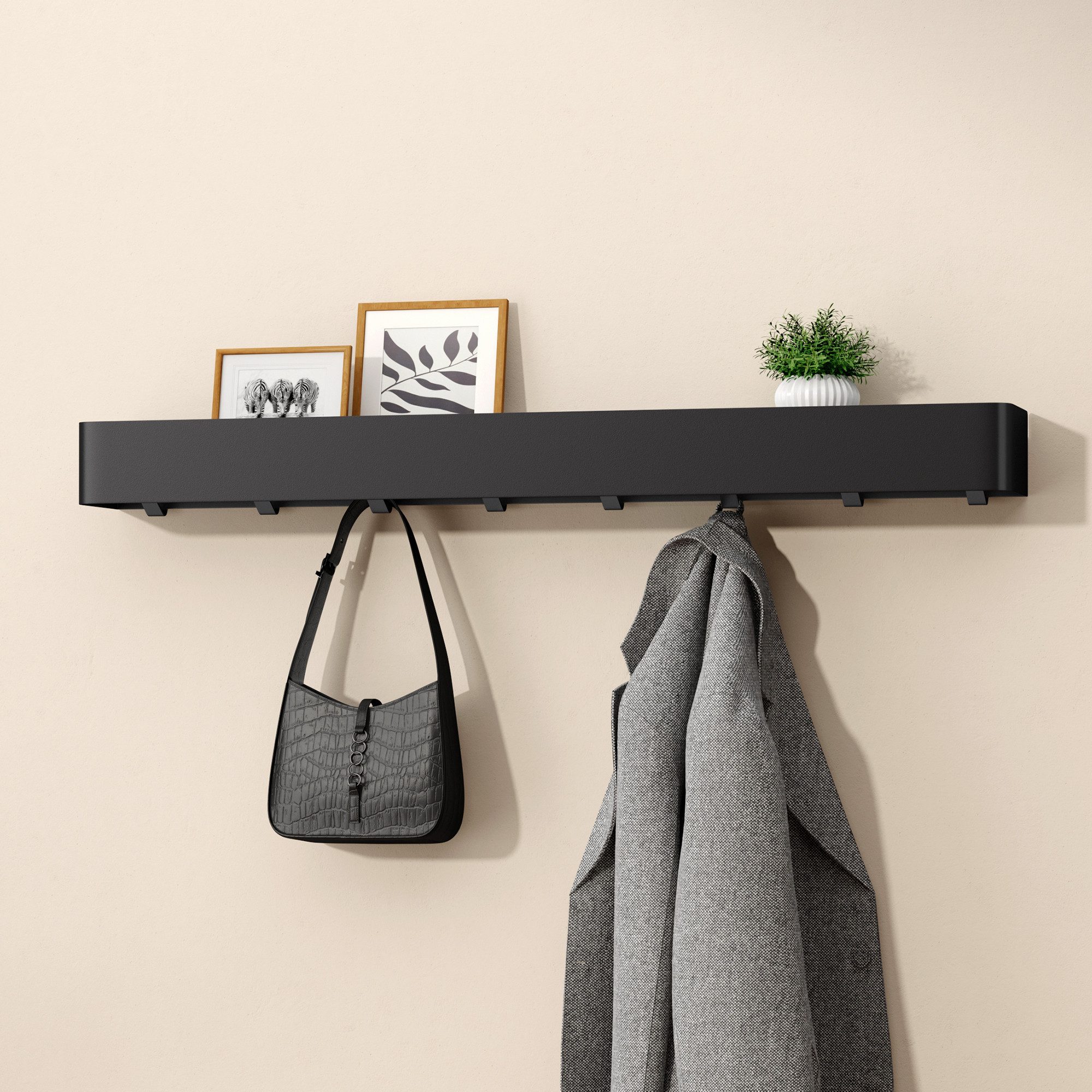 doporro Garderobenleiste Wandgarderobe Hakenleiste mit Ablage aus Kohlenstoffstahl Reglo-05 (8 St), Kombination aus Ablagefläche und unteren Haken