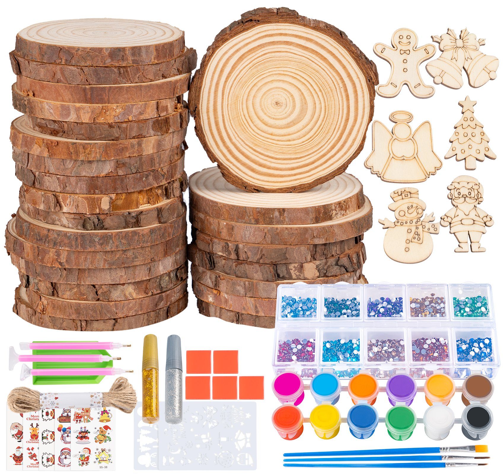 Homewit Weihnachtsbaumdecke Holzscheiben Set 30 Stück Runde Unbehandeltes Naturholz mit DIY Geräte, für Weihnachten DIY Basteln Dekoration