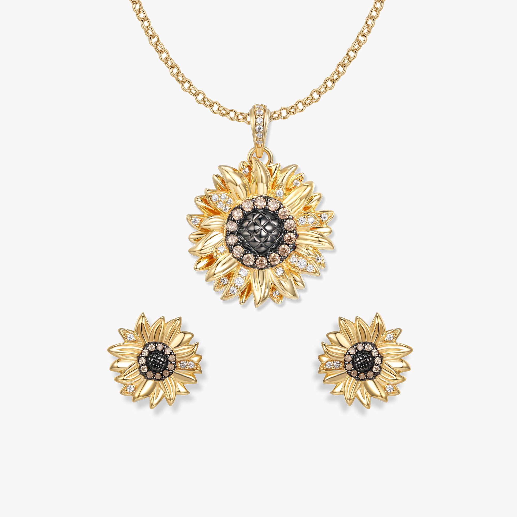 Seinerzeit FLORA & FAUNA Kettenanhänger Solana Sonnenblumen Set, Schmuck aus 925 Sterling Silber (Vom Wald inspirierter Damenschmuck mit liebevoll gestaltetem Natur- und Tiermotiv – ein besonderer Begleiter im Alltag und zu besonderen Anlässen, 1-tlg., inkl. Geschenkverpackung für Frauen ob Freundin, Mutter, Ehefrau, Oma), vergoldet, geschwärzt, mit Emaille und Zirkonia-Steinen