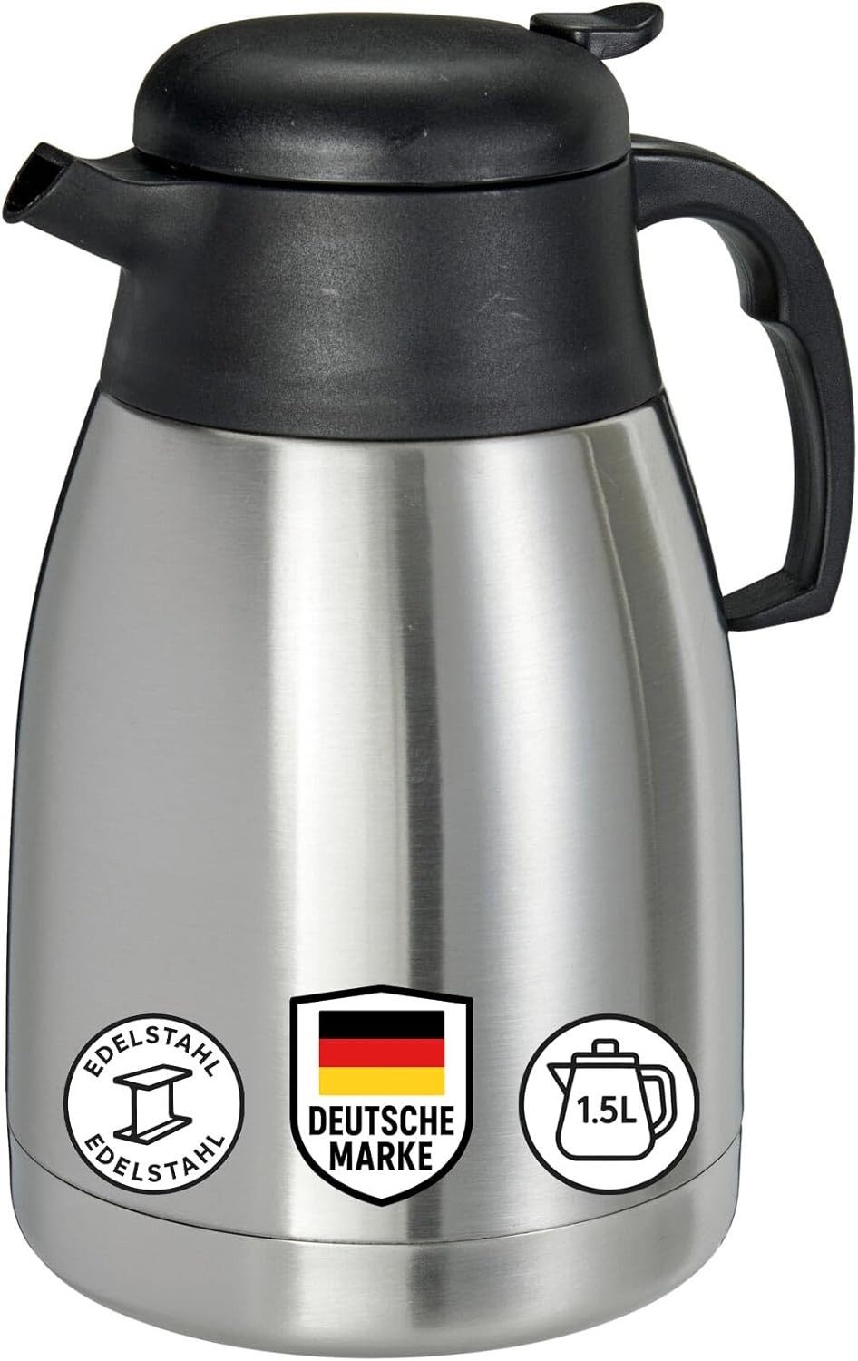 mucHome Isolierkanne Thermoskanne 1,5L Edelstahl Doppelwandig Kaffeekanne Einhandbedienung, 1,5 l