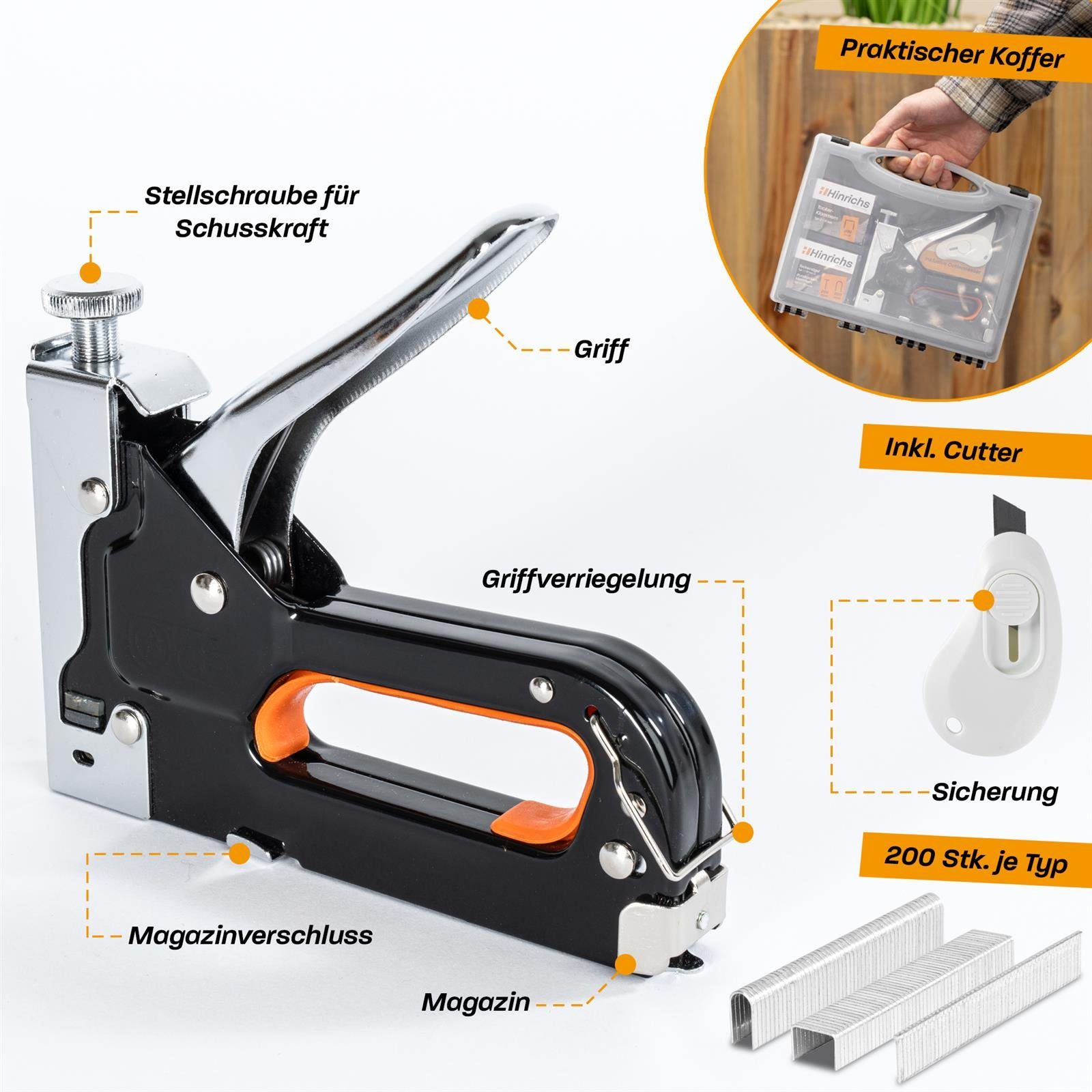 mit (3-in-1), Nägeln mit Nägeln, Handtacker im Hinrichs Koffer Handtacker Klammern Holztacker Hinrichs und