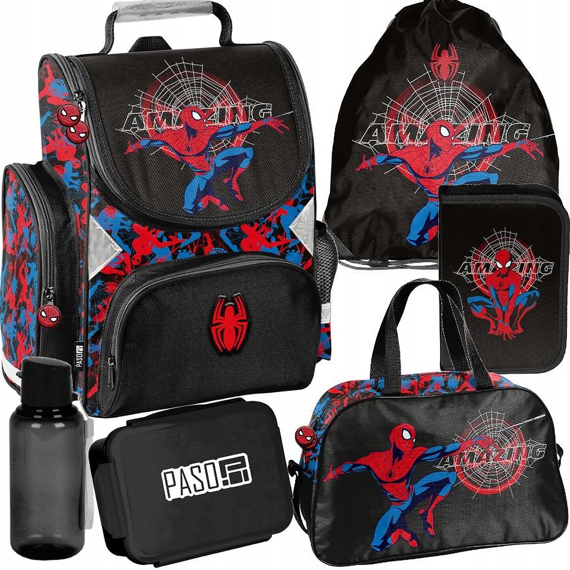 PASO Schulrucksack (Schulset, 6-tlg), Spider-Man, 6-tlg. Set, Schwarz