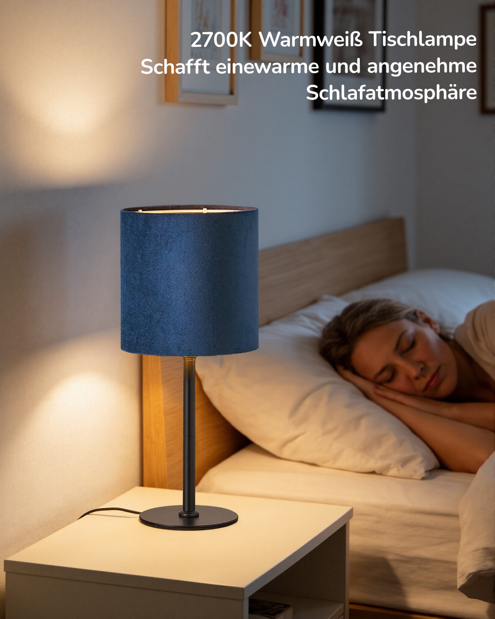 EDISHINE Nachttischlampe mit schwarzem Metallsockel und Samtschirm, LED wechselbar, Warmweiß, Blaue Vintage Tischlampe inkl. 2700K LED Leuchtmittel, 38cm – Bild 5 von 5