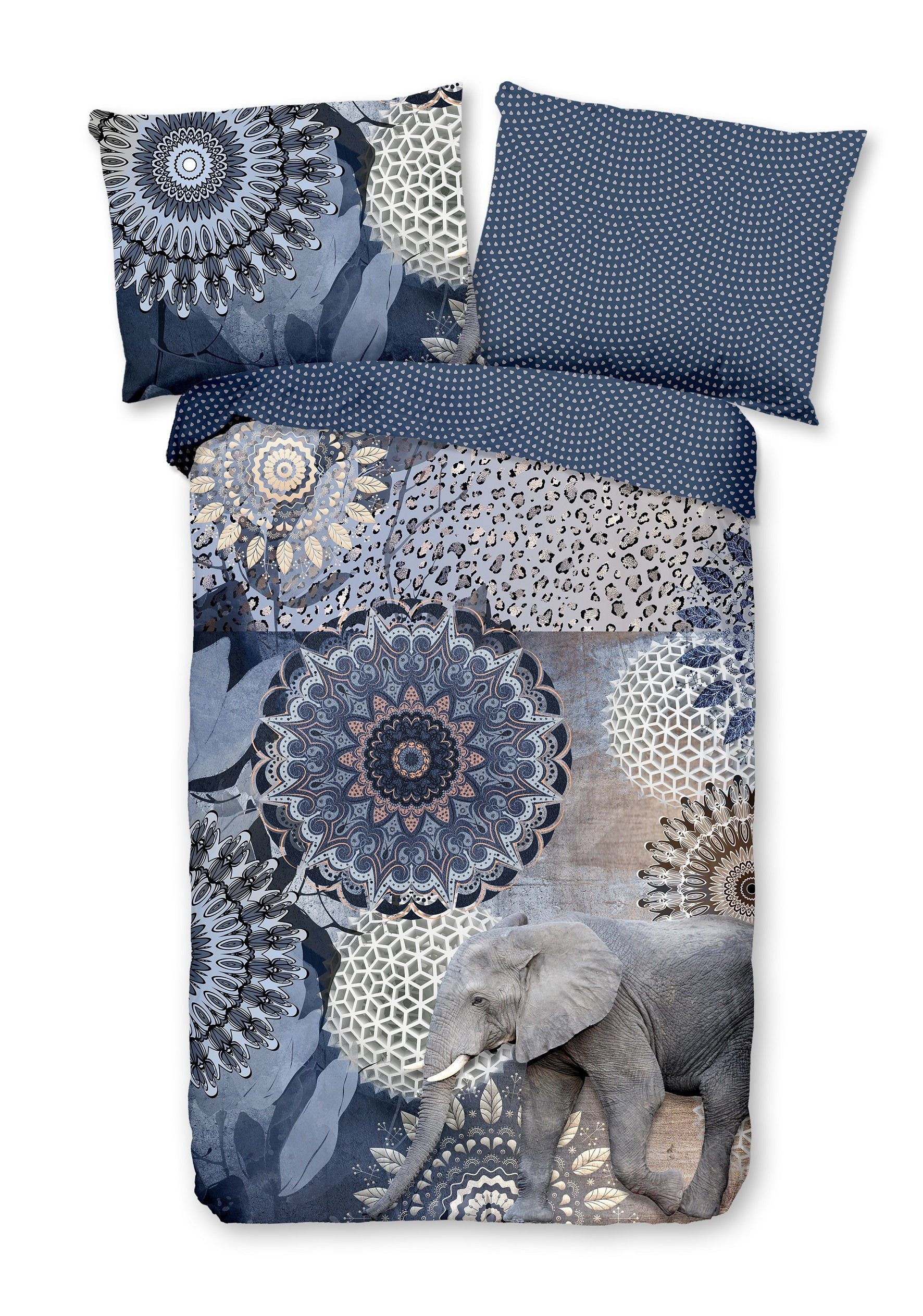 Bettwäsche Comfort Baumwolle, Traumschloss, Flanell, 2 teilig, blaue Mandalas mit Elefant