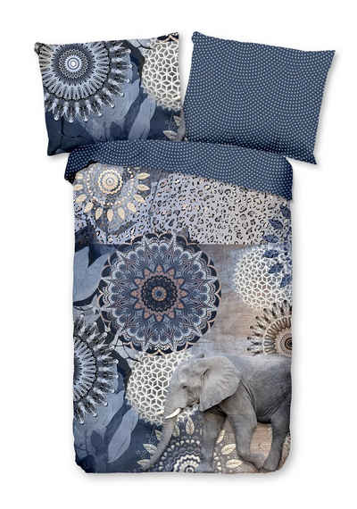 Bettwäsche »Feinbiber«, Traumschloss, blaue Mandalas mit Elefant
