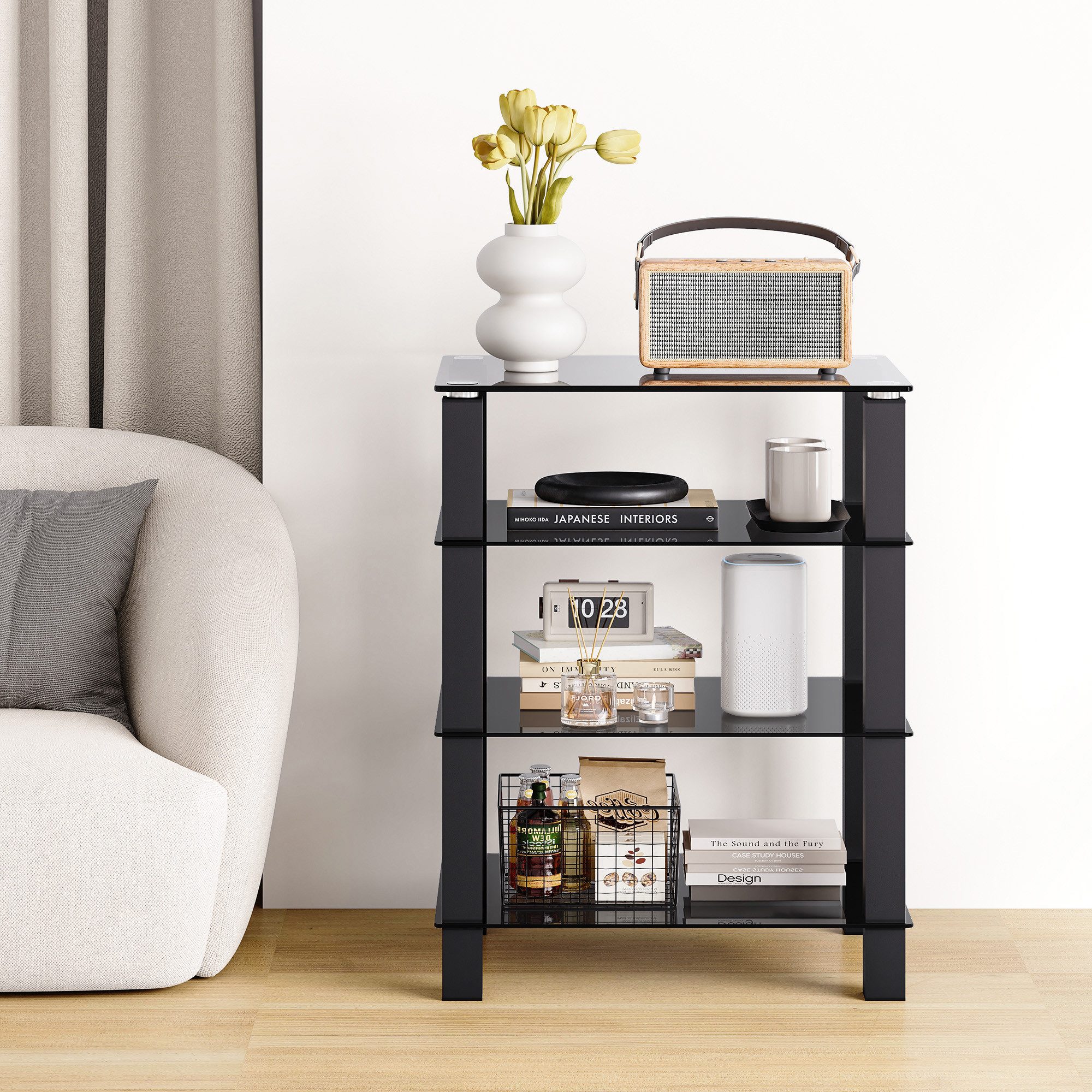 FITUEYES TV-Ständer 4-stöckiges Glasregal für HiFi‑Geräte, Lautsprecher & TV, (Medienregal aus Aluminium und gehärtetem Glas)