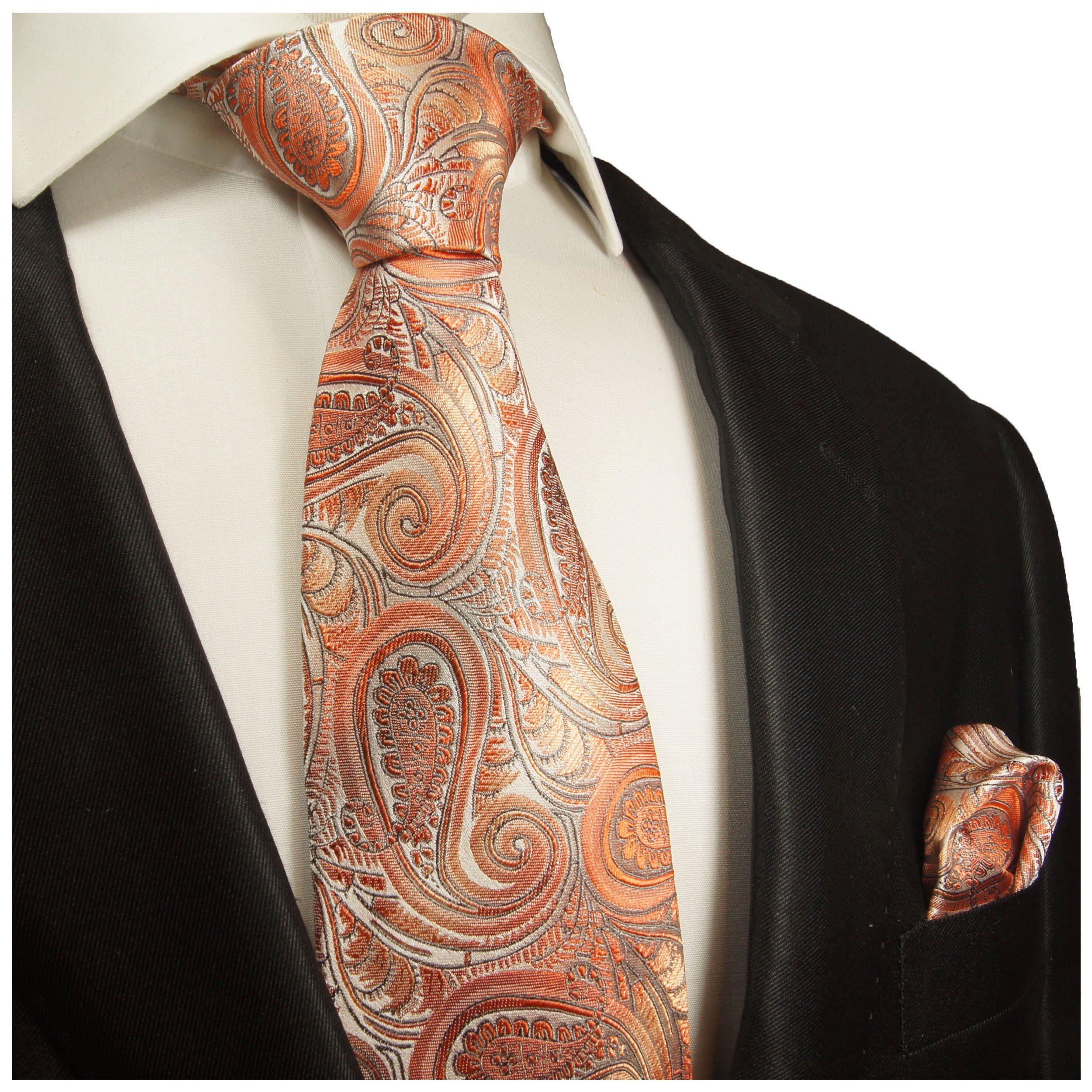 Paul Malone Krawatte Herren (8cm), Einstecktuch) 100% Breit (Set, mit orange modern Krawatte Tuch 2-St., Seide mit paisley Seidenkrawatte 2015
