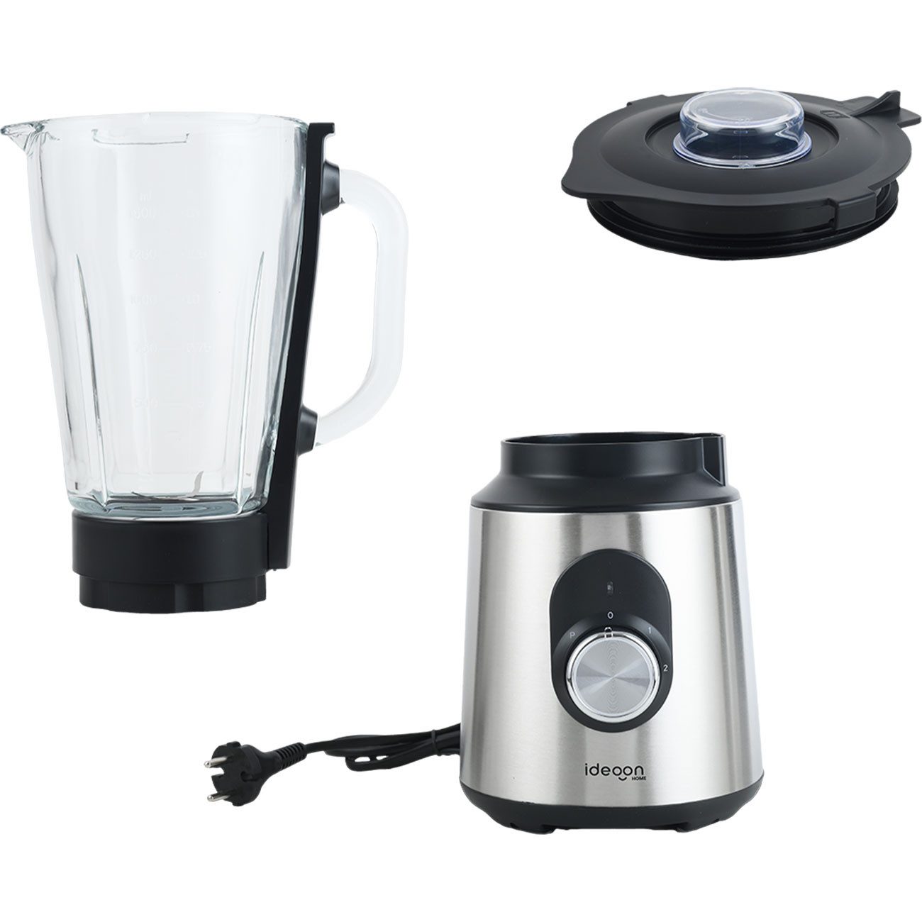 shop'n smile ideoon Standmixer Edelstahl Standmixer 1,5L Glasbehälter 1000W Küchenmixer rutschfest, 1000 W, 1,5 L, 1000 W, 2 Stufen + Pulse, Edelstahl/Glas, spülmaschinenfest