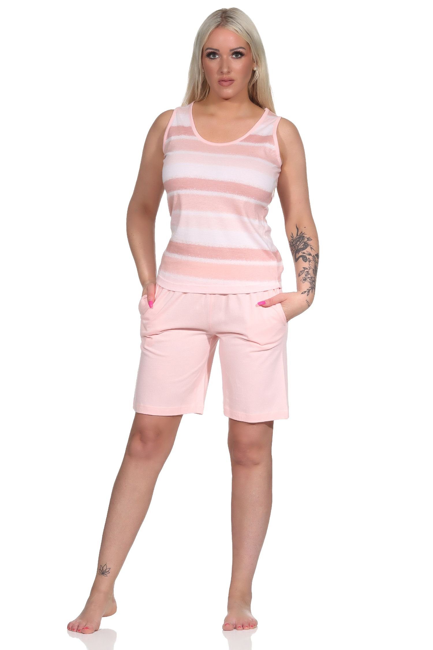 Normann Pyjama Ärmelloser Damen Shorty Schlafanzug im farbenfrohen Streifen Look rosa