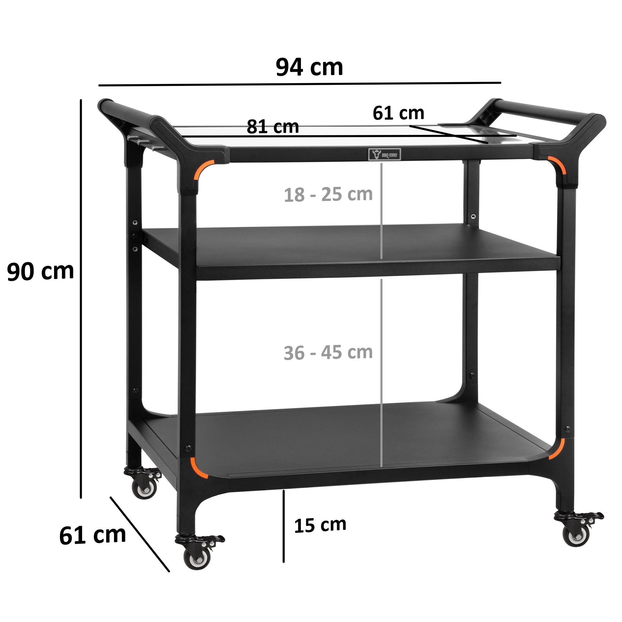 BBQ-Toro Grillablagetisch Grillwagen 94 x 61 x 90 cm, Schwarz, Grilltisch mit großer Arbeitsfläc