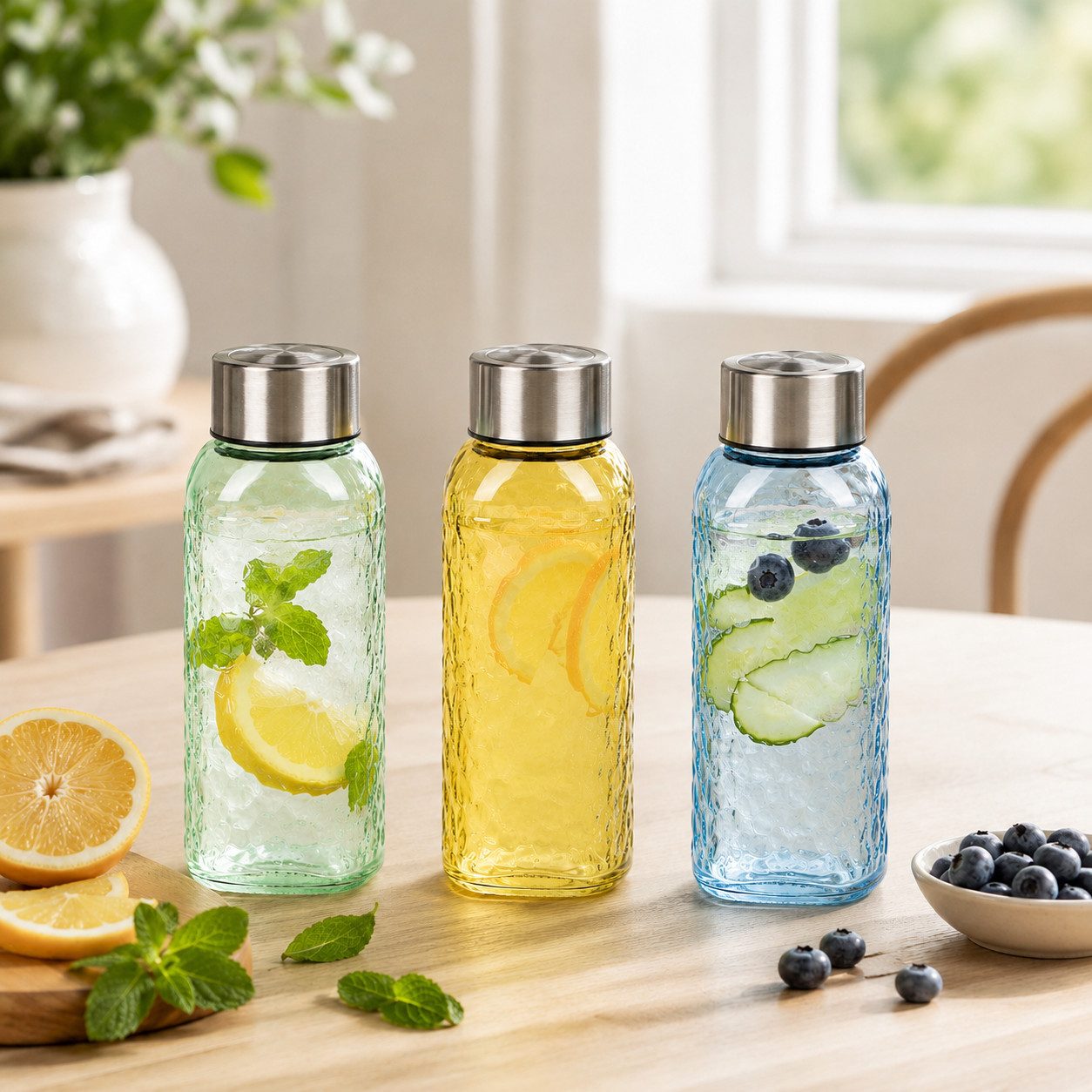 WestCraft Trinkflasche Vintage Glasflasche 300 ml, auslaufsicher – Pastelltöne, Wasserflasche für Smoothies, Shots, Saft & Meal Prep to go