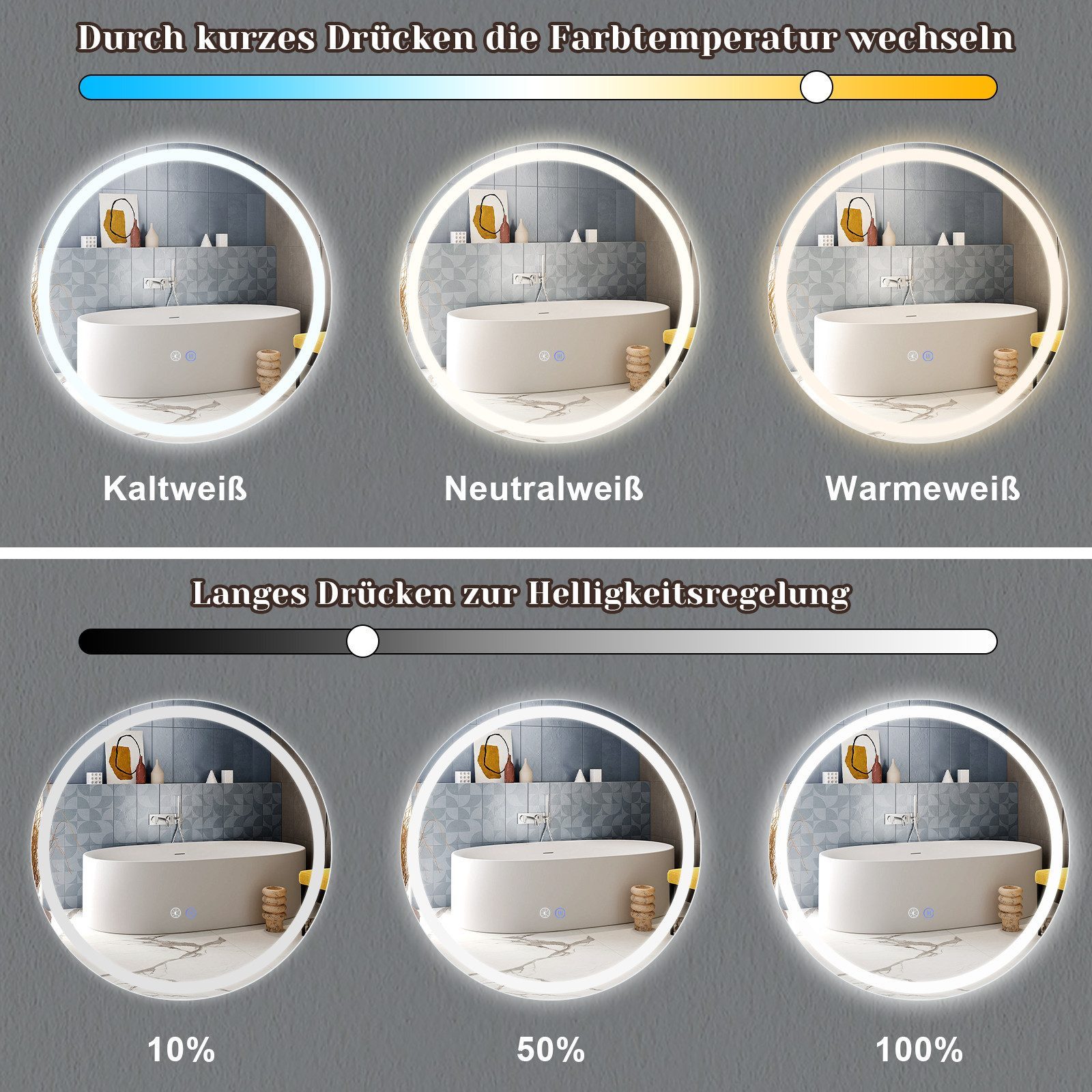 Nettlife Badspiegel Rund Touch Schalter und Entfogger Wandspiegel Beleuchtet 50/60/70/80cm, Entfogger Funktion Dimmbar Memories Funktion Ideal für Badezimmer – Bild 2 von 5