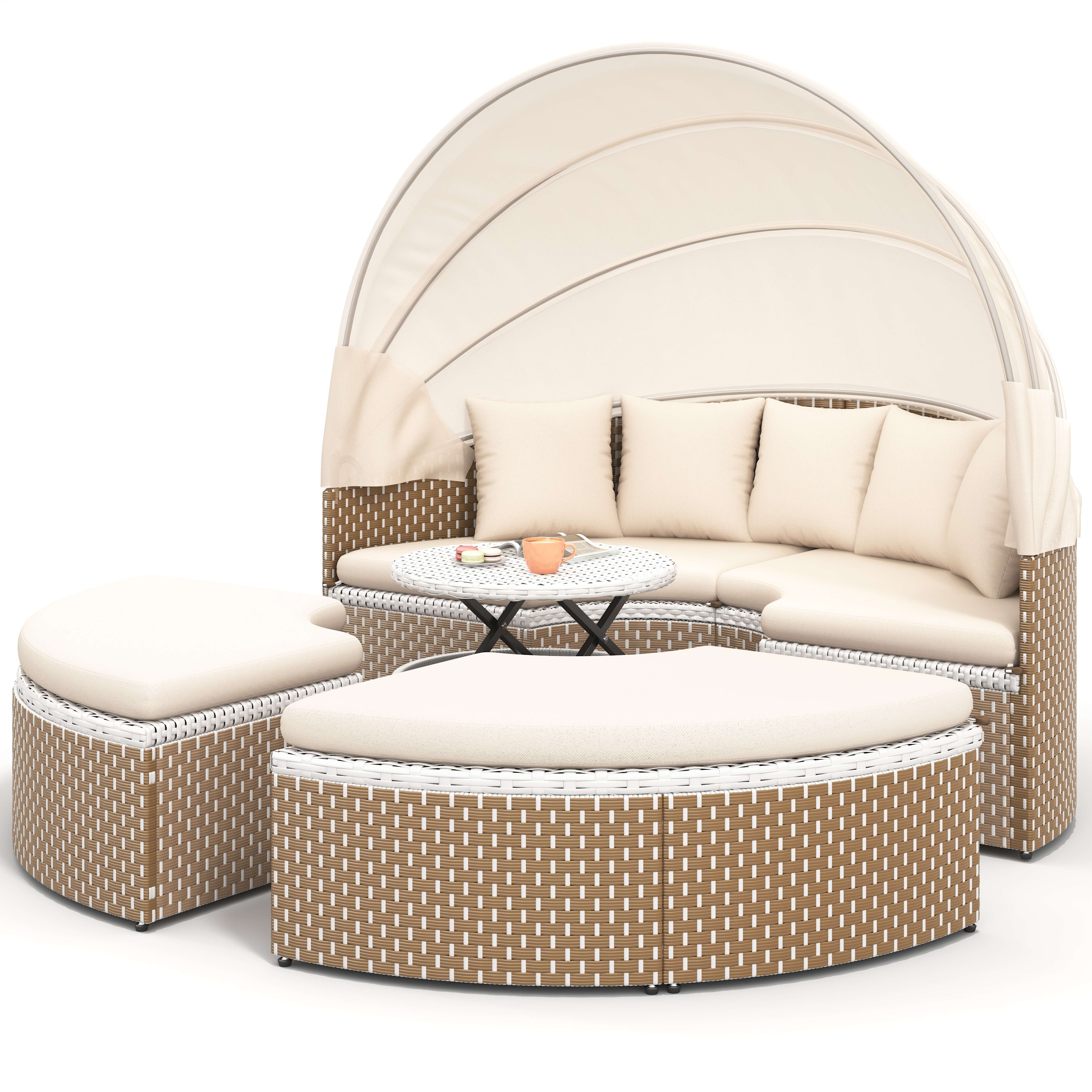 BlingBin Gartenlounge-Set Garten-Lounge-Sessel-Set, Rattan-Gartentisch und Stühle-Set, (Sonneninsel, Ausziehbares Baldachin, Anhebbare Tischplatte, Tragendes Gewicht: 160kg/Einzelplatz, 80kg/Tisch, Beige), Muschel-Lounge-Sessel-Bett, Inklusive Aller Kissen und Sitzkissen