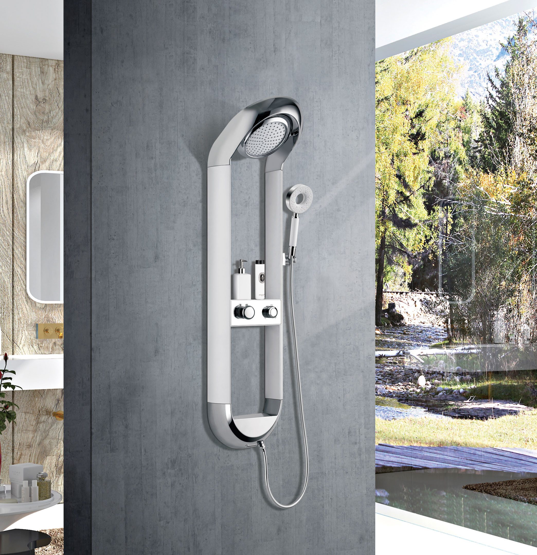 HOMELODY Duschsystem Luxuriöses Duschpaneel Regendusche Handbrause Wasserfall Weiß, 3 Strahlart(en), Duschsystem mit Ablage, Kopfbrause, 3-Funktionen Handbrause