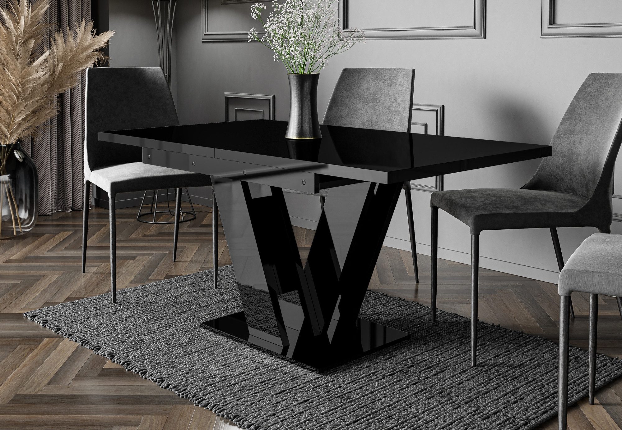 Home Collective Esstisch ausziehbar Tisch Küchentisch Esszimmertisch Ausziehtisch (Esszimmer Küche Wohnzimmer Esstisch erweiterbar), modernes Design mit V-Gestell, 120-160x80 cm Schwarz glänzend