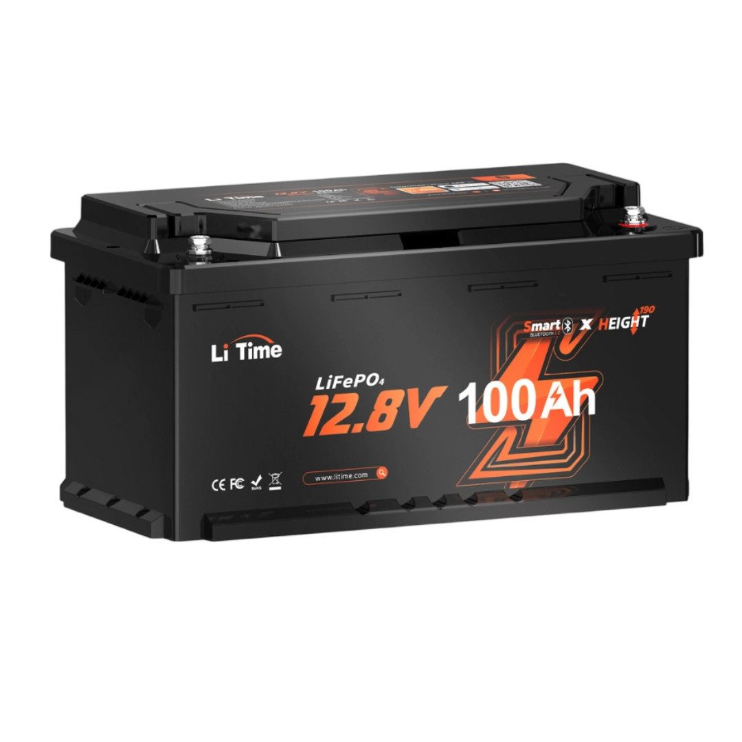 LiTime 12V 100Ah H190 LiFePO4 Batterie mit Bluetooth und BMS 1280Wh DIN H8 Solarakkus 100000 mAh (12 V), L358*B177*H188 mm, geeignet für Wohnmobile, Wohnwagen und Solaranlage