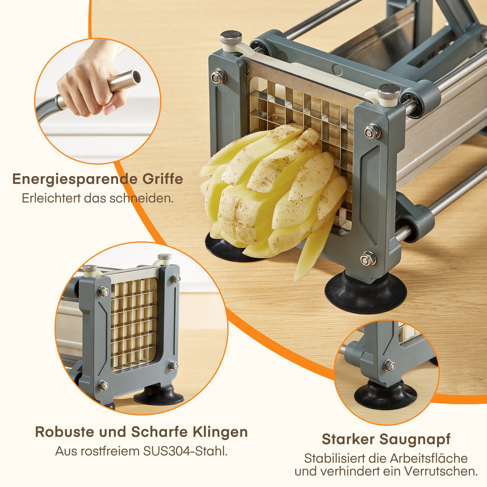 FOHERE Pommesschneider Kartoffelschneider Edelstahl Pommes Frites Schneidemaschine, (4-tlg), mit 13, 9, 6 mm Klingen aus Edelstahl – Bild 5 von 5