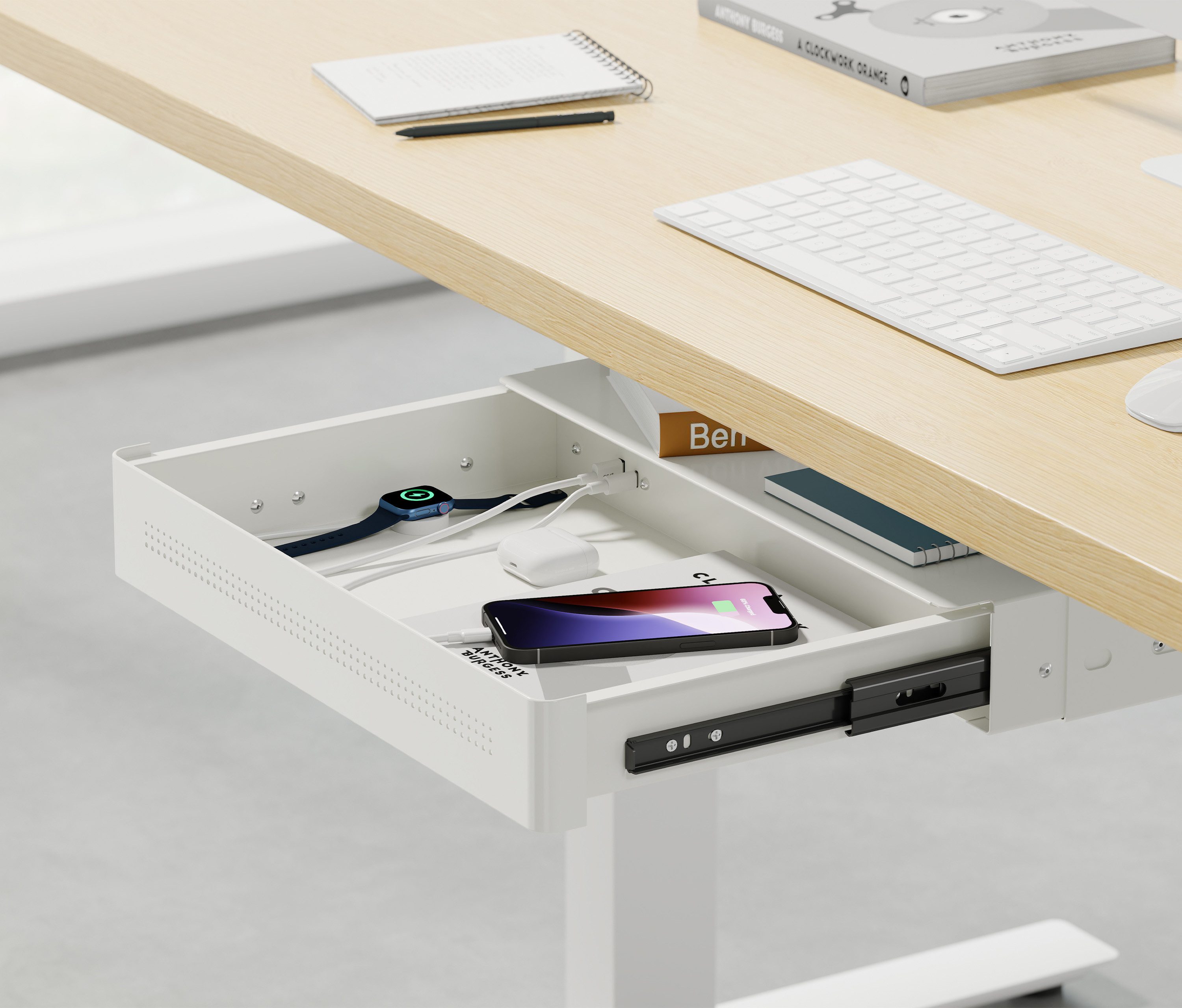Ergolutions Schublade Untertisch Schublade mit USB Lader, USB A und C / 5 Jahre Garantie / 2 Montageoptionen