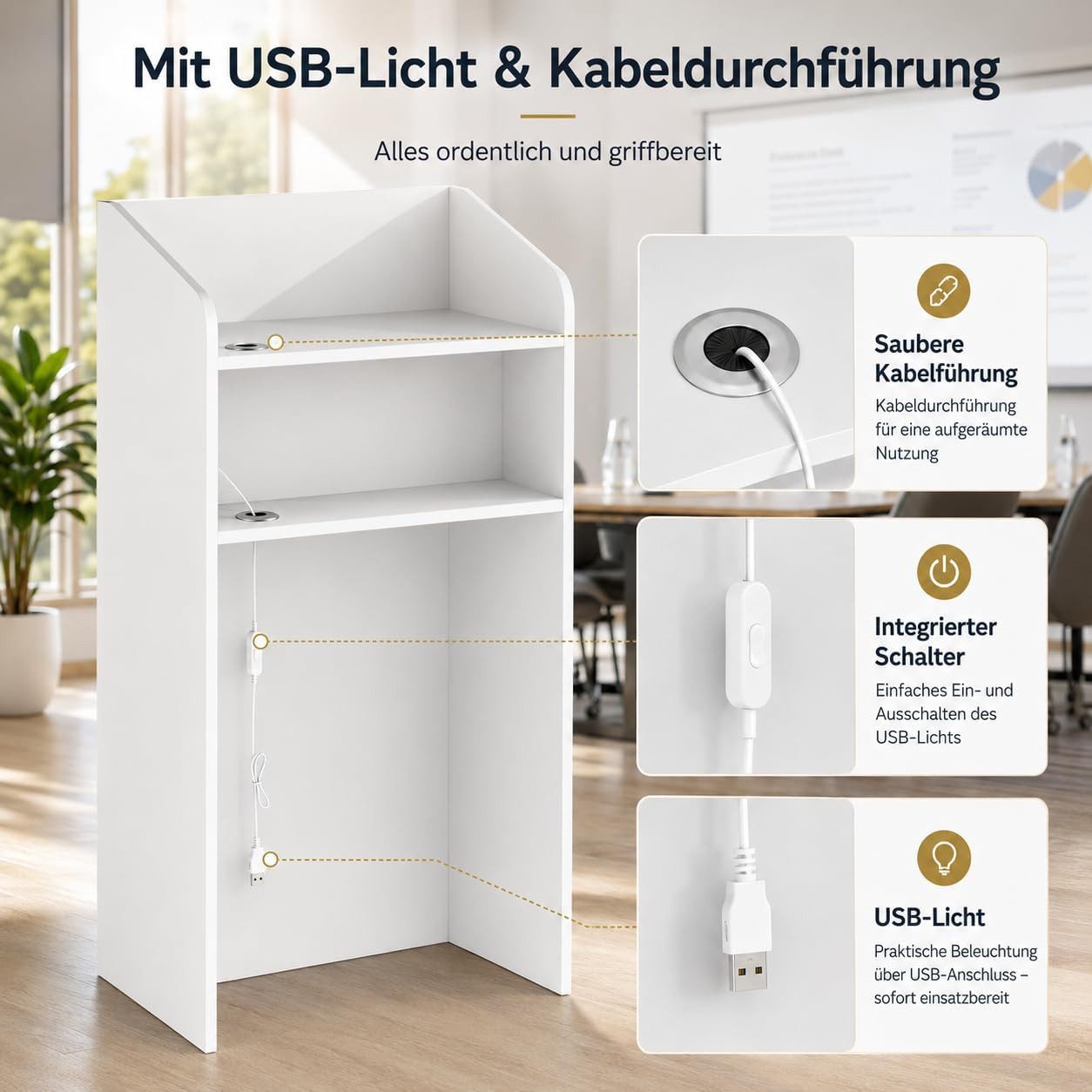 FUFU&GAGA Empfangstheke mit 2 Schränken und 1 Tastaturschublade, 150 x 52 x 100 cm, weiß – Bild 4 von 5