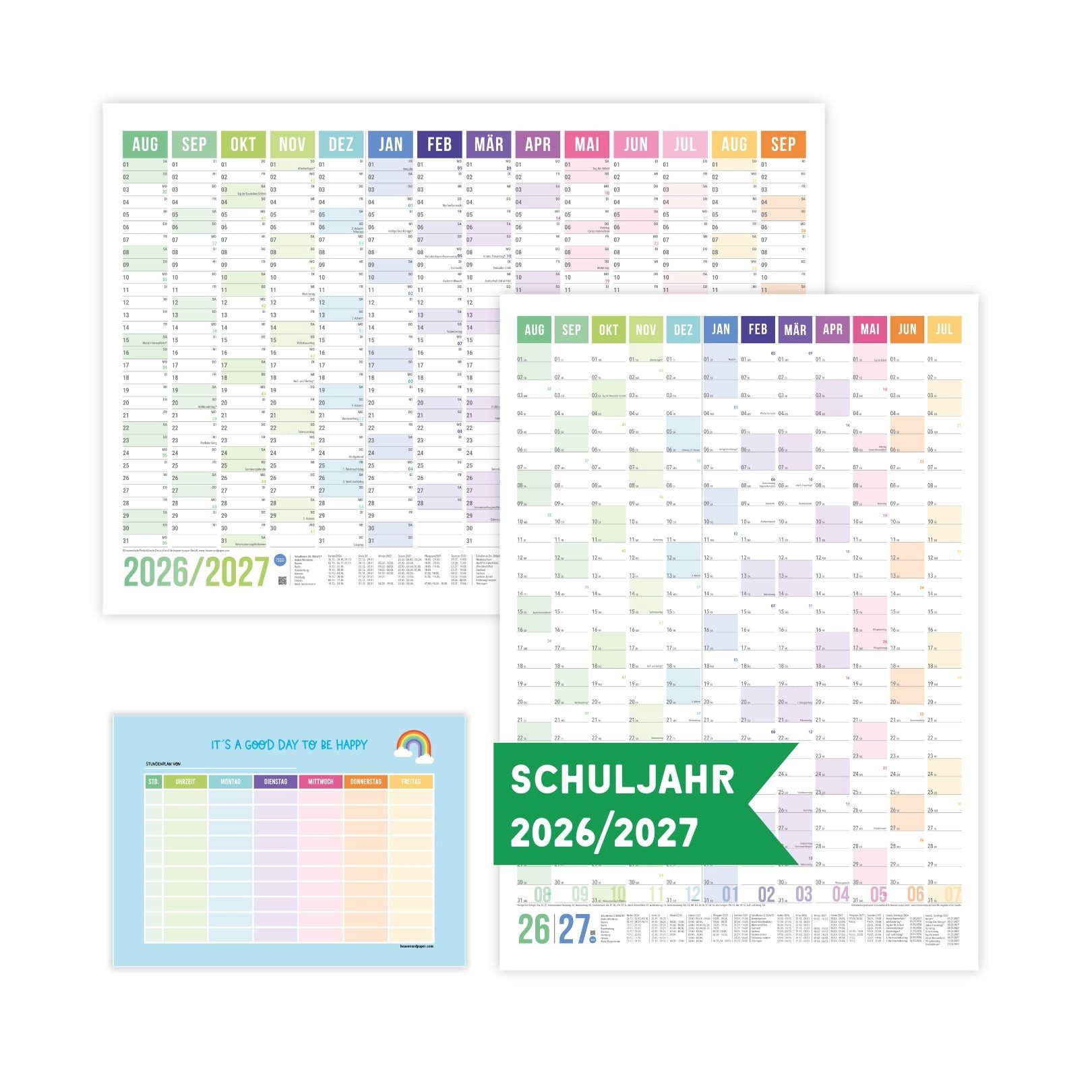 heaven+paper Jahresplaner Schuljahresplaner DIN A2 Regenbogen 2026/2027, Wandkalender, Hergestellt in Deutschland