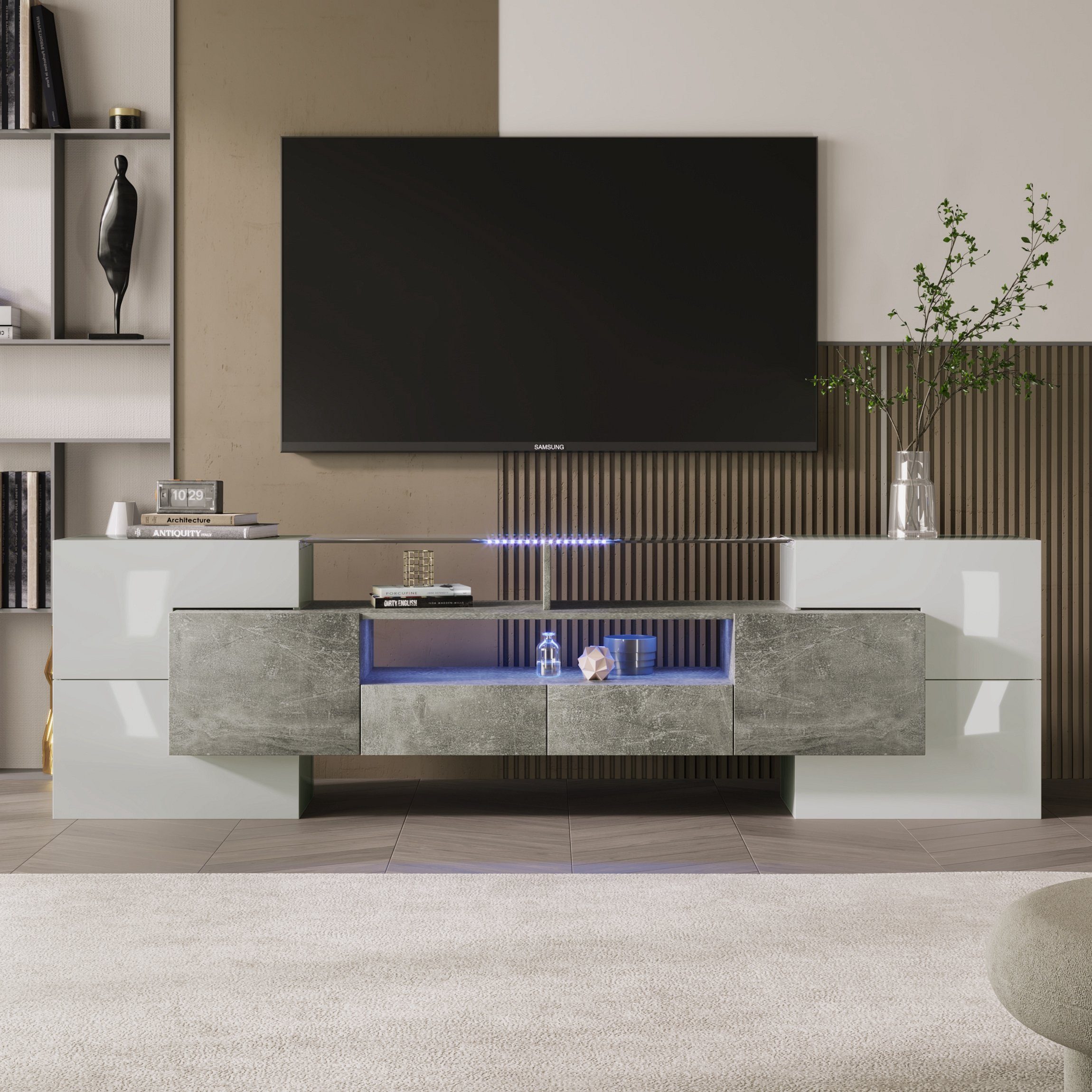 Celya TV-Schrank TV-Schrank, Lowboard,Weiß, 200 cm, LED-Beleuchtung, Wohnzimmermöbel Stilvoller TV-Schrank, Weiß, 200 L x 30 B x 59 H(cm) grau