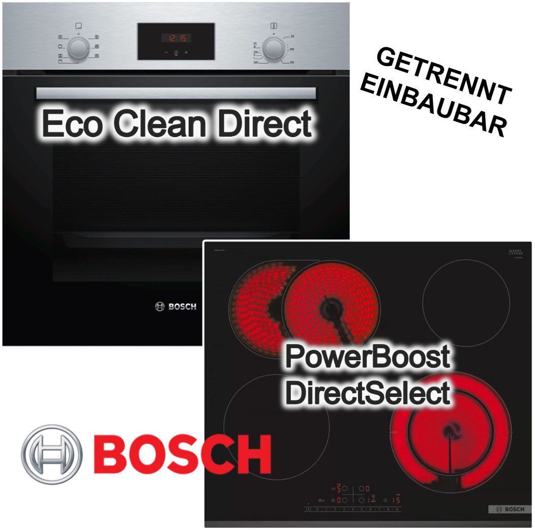 BOSCH Backofen-Set 3DHeißluft EcoClean Schnellaufheizung + Glaskeramikkochfeld PowerBoost, EcoClean Direct