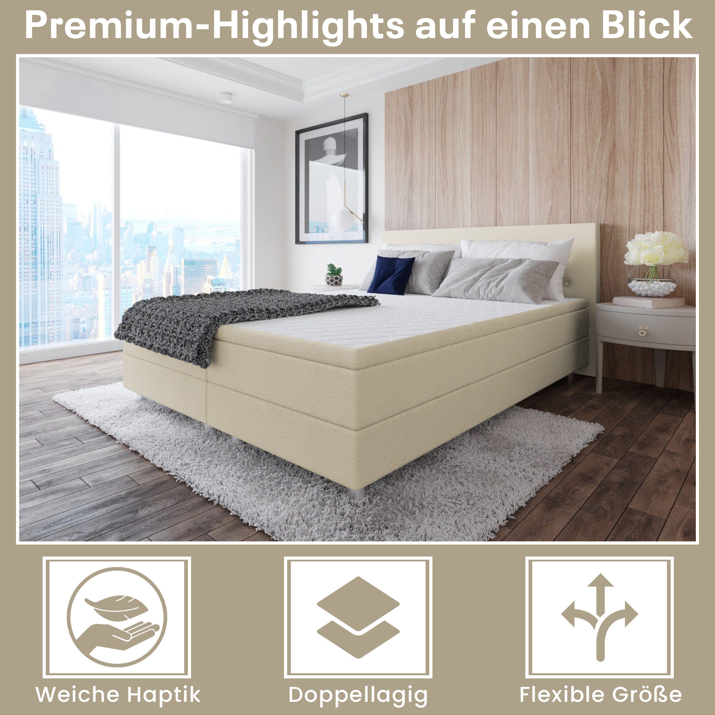 Best for Home Boxspringbett mit gepolstertem Kopfteil, komfortabler Bonnell-Matratze & 5 cm Topper (Boxspringbett-Set mit Matratze und Topper, 1-St., 90x200 120x200 140x200 160x200 180x200 200x200), Handwerksqualität,TOP Preis-Leistungs-Verhältnis