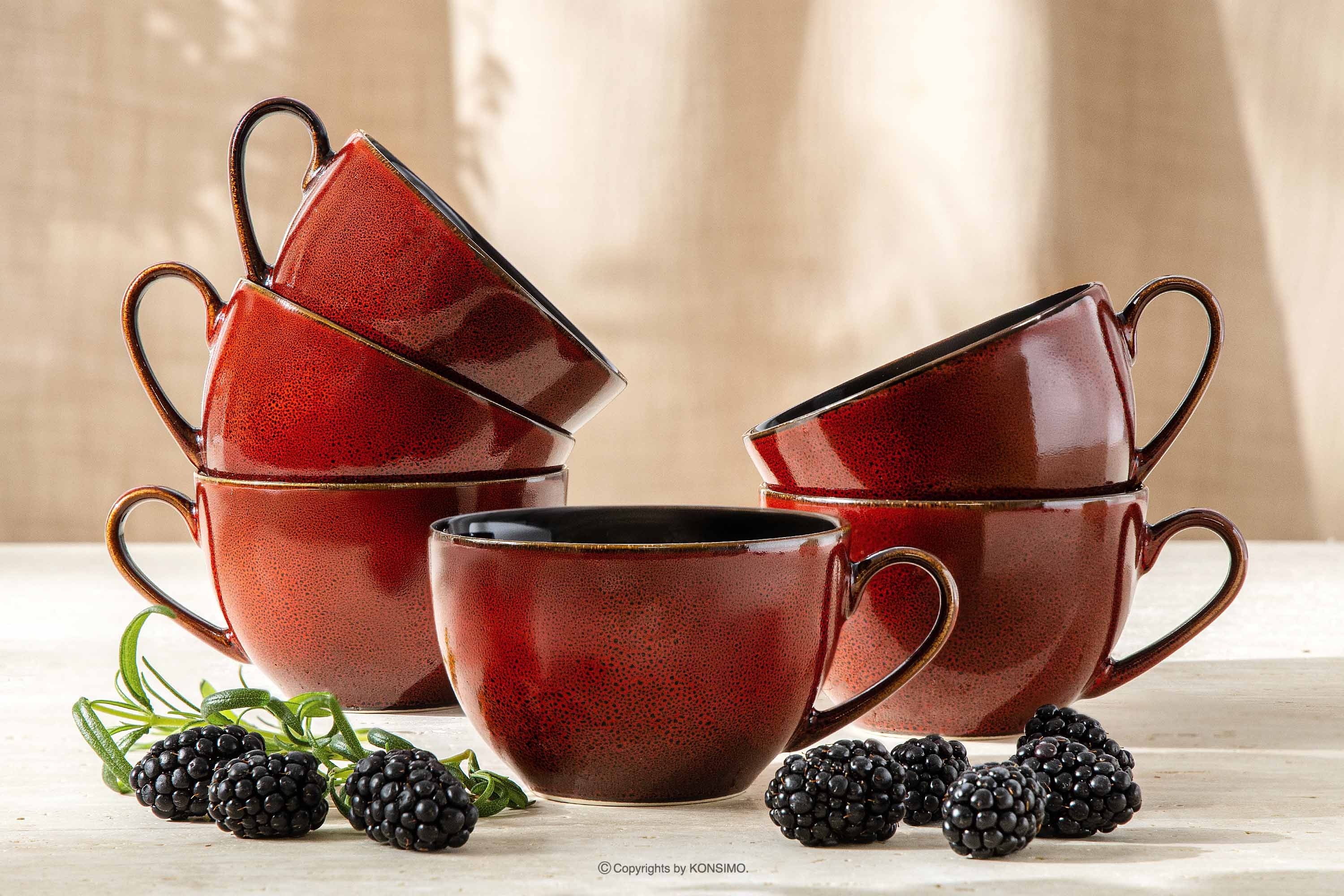 Ritzenhoff & Breker Kaffeeservice RITZENHOFF & BREKER GAMBIA Kaffeetassen-Set, rot, KONSIMO (6-tlg), 6 Personen, Steinzeug, jedes Stück ein Unikat, spülmaschinen & mikrowellengeeignet