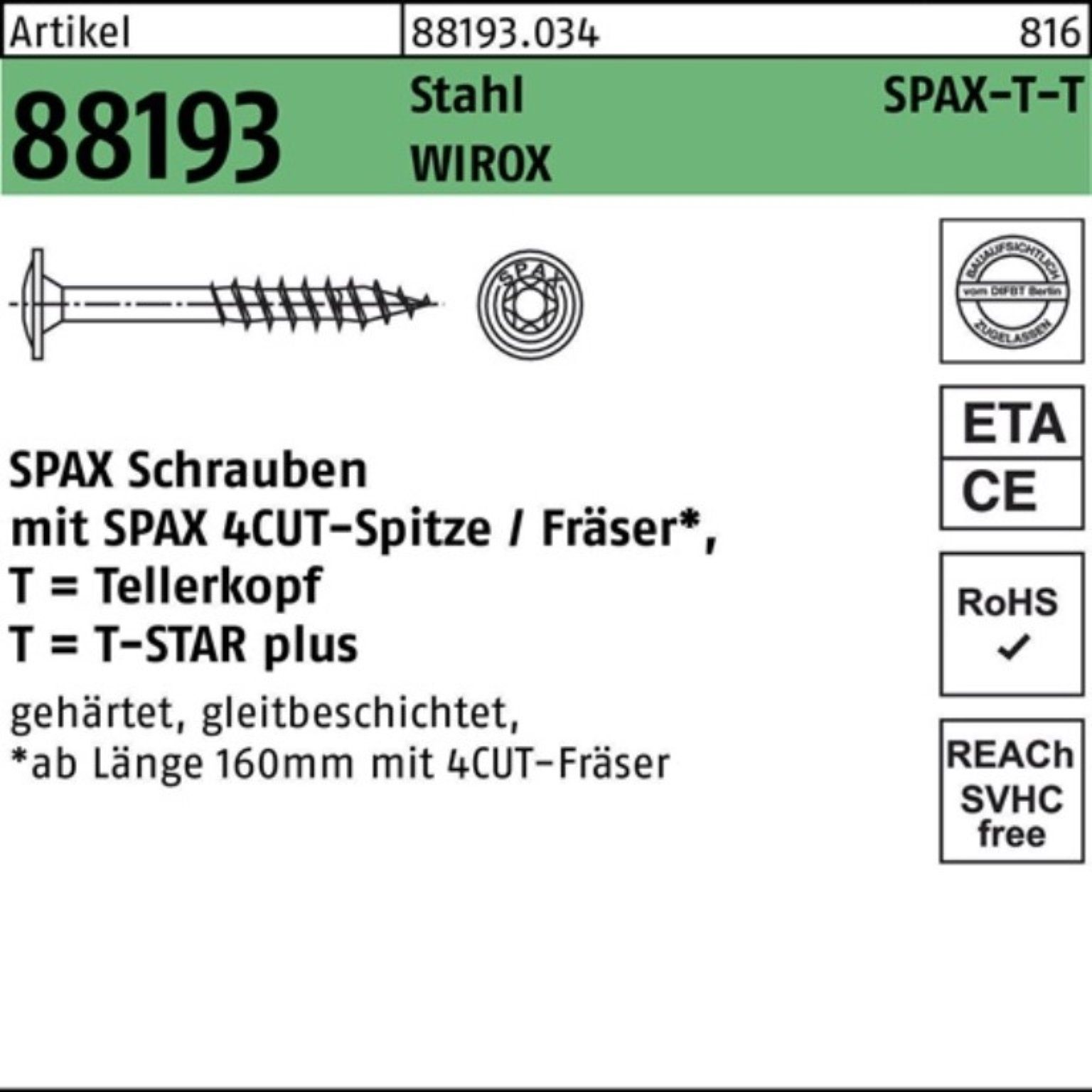 SPAX Teller 100er Pack Tellerkopfschraube R 88193 Spitze/T-STAR 10x380/80-T50 Sta | Schrauben