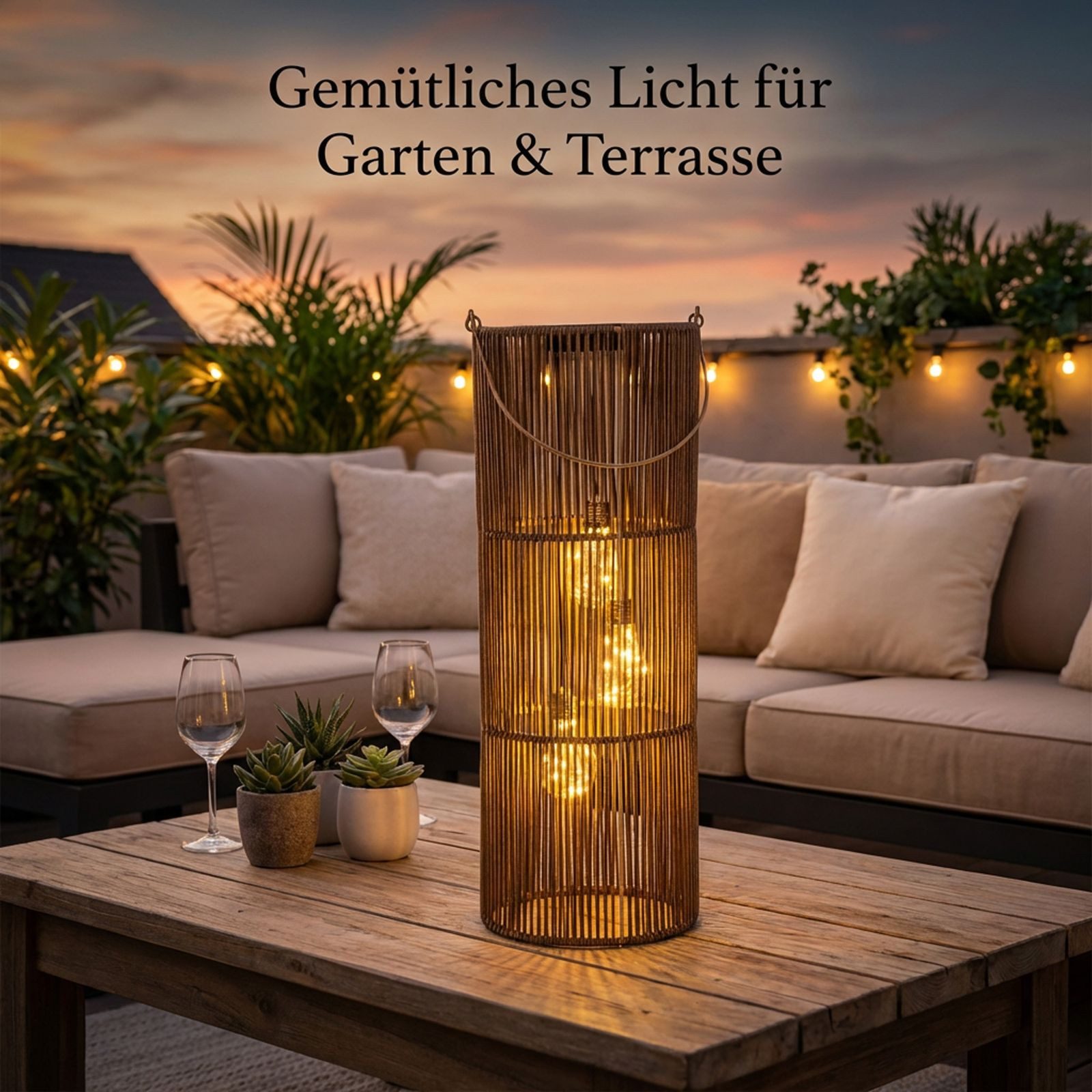 formano LED Laterne Solarlaterne Außen Garten Rattan Look Laterne 3 LED Birnen 45cm Solar, LED fest integriert
