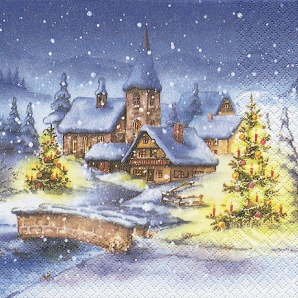 HOME FASHION Papierserviette 20 Servietten Christmas Village - Weihnachtsdorf im Winter 33x33cm, (20 St)