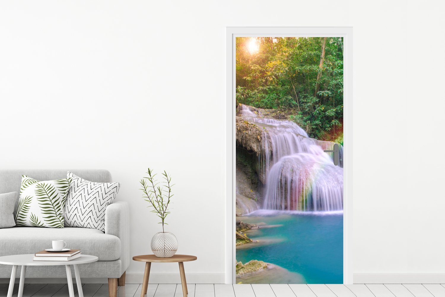 MuchoWow Türtapete Regenbogen - Sonne - Wasserfall - Natur, Matt, bedruckt, günstig online kaufen