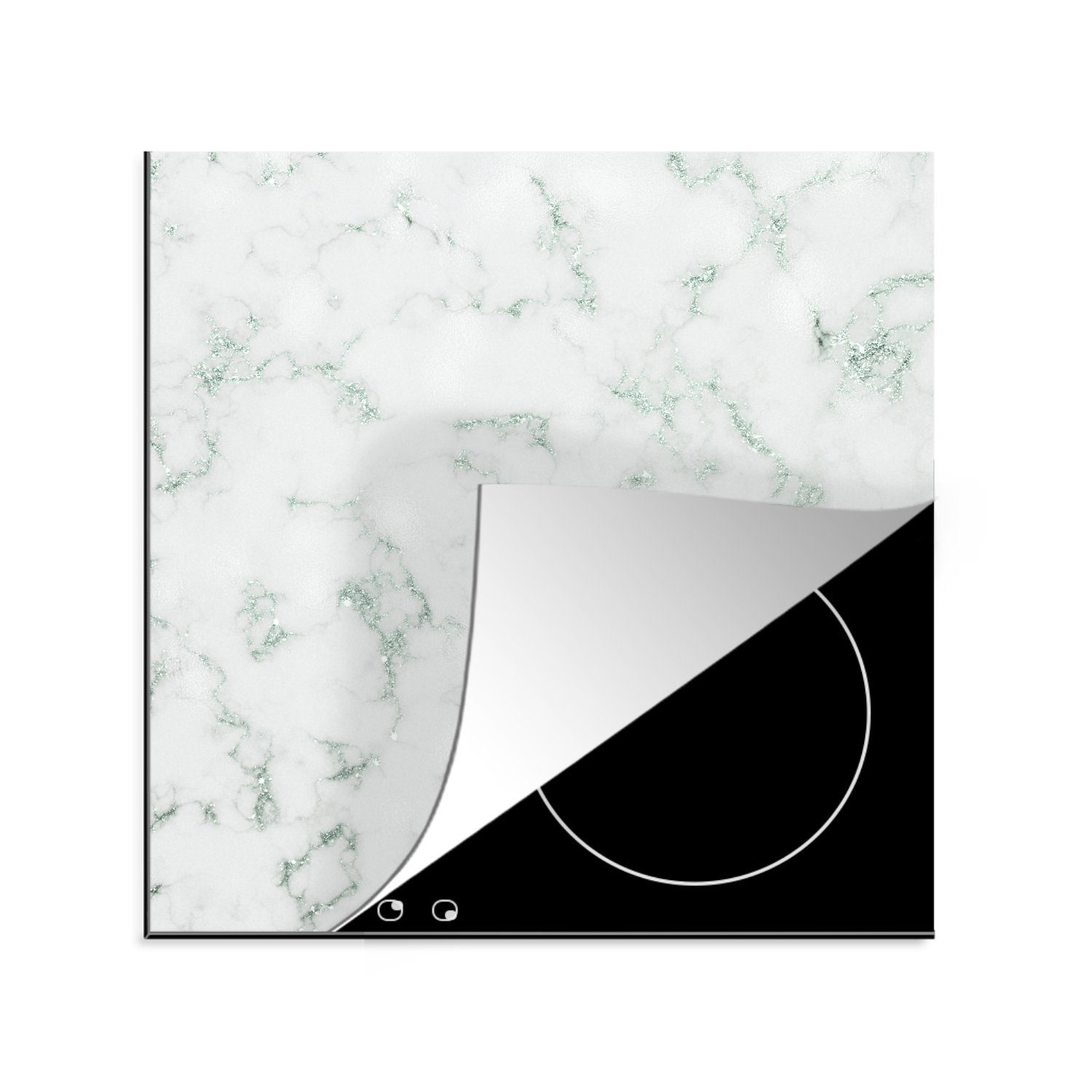 MuchoWow Herdblende-/Abdeckplatte Marmor - Weiß - Grün, Vinyl, (1 tlg), 78x78 cm, Ceranfeldabdeckung, Arbeitsplatte für küche