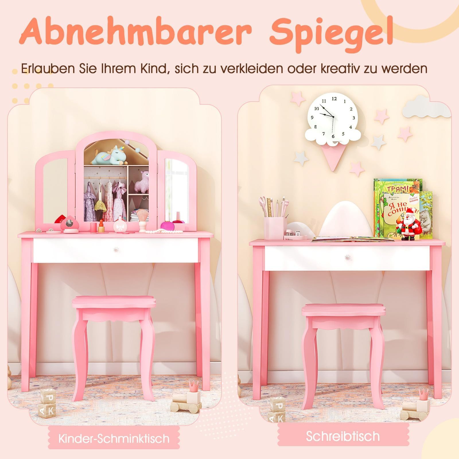 COSTWAY Schminktisch Kinder, mit Spiegel & Hocker, holz