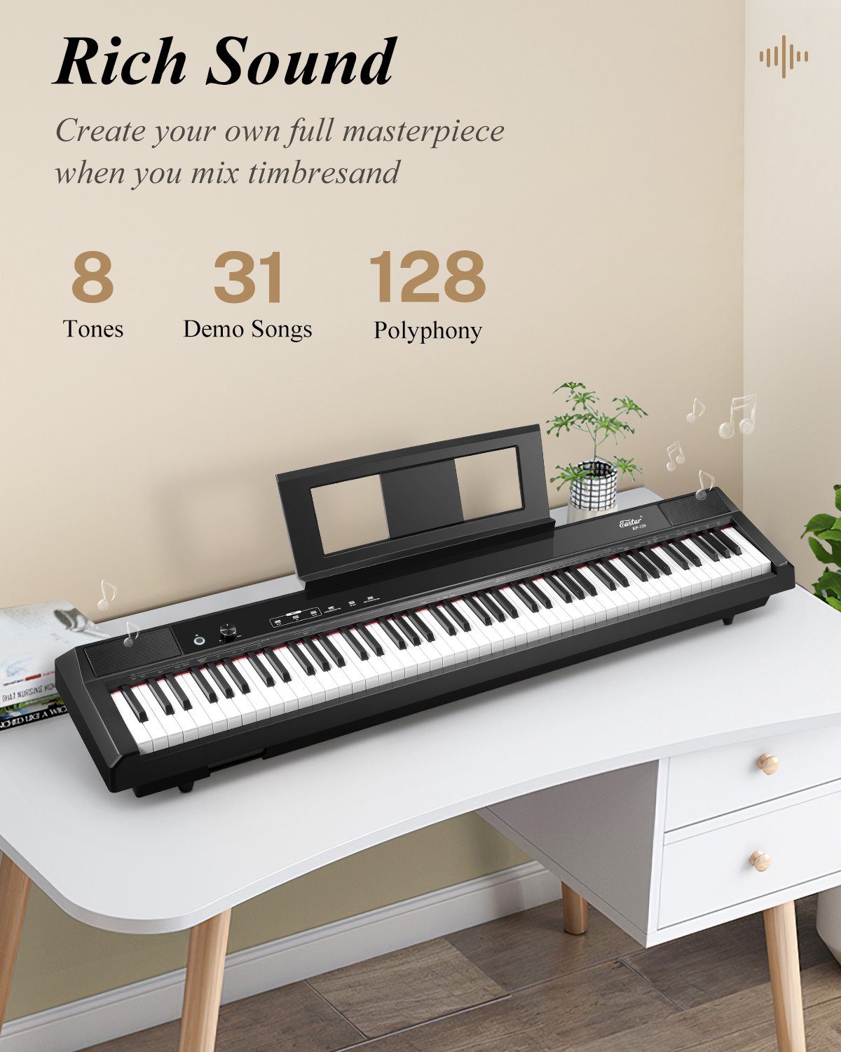 Eastar Home-Keyboard Berührungsbildschirm Digitalpiano mit 88 gewichteten Tasten EP-120 (Sustain-Pedal, Gebrauchsanweisung, Plastik), ideal fur Piano-Einsteiger,gewichtete Tasten,Ständer