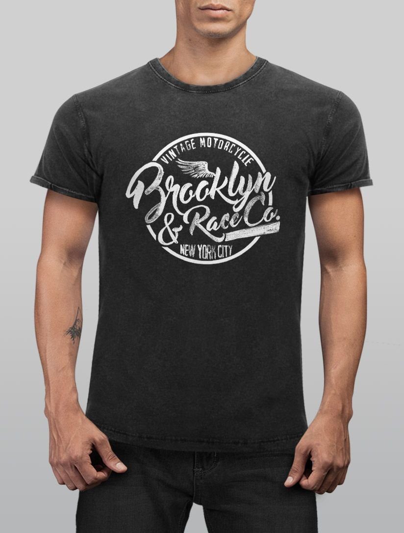 Neverless Print-Shirt Cooles Angesagtes Herren Neverless® Print T-Shirt Shirt Used mit Racing Vintage Brooklyn Fit Slim Look schwarz
