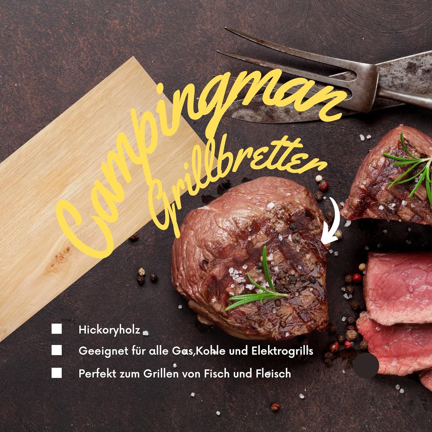 campingmann Räucherbrett XXL Räucherbretter Aroma Grillbretter aus Hickoryholz, (4-St), Ideal für Fisch & Fleisch, Würziges Raucharoma, 300 x 145 x 10mm