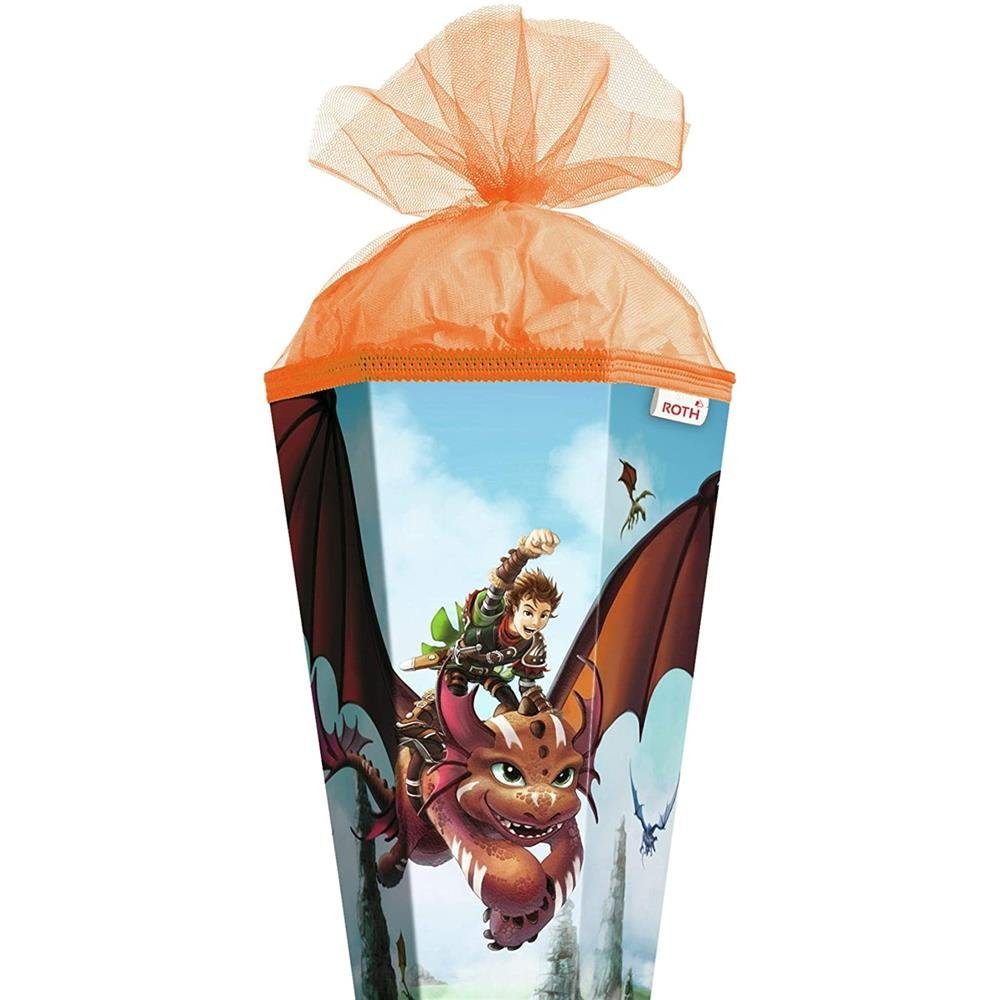 Roth Schultüte Drachenjäger, 85 cm, eckig, mit orangefarbigem Tüllverschluss, Rot(h)-Spitze