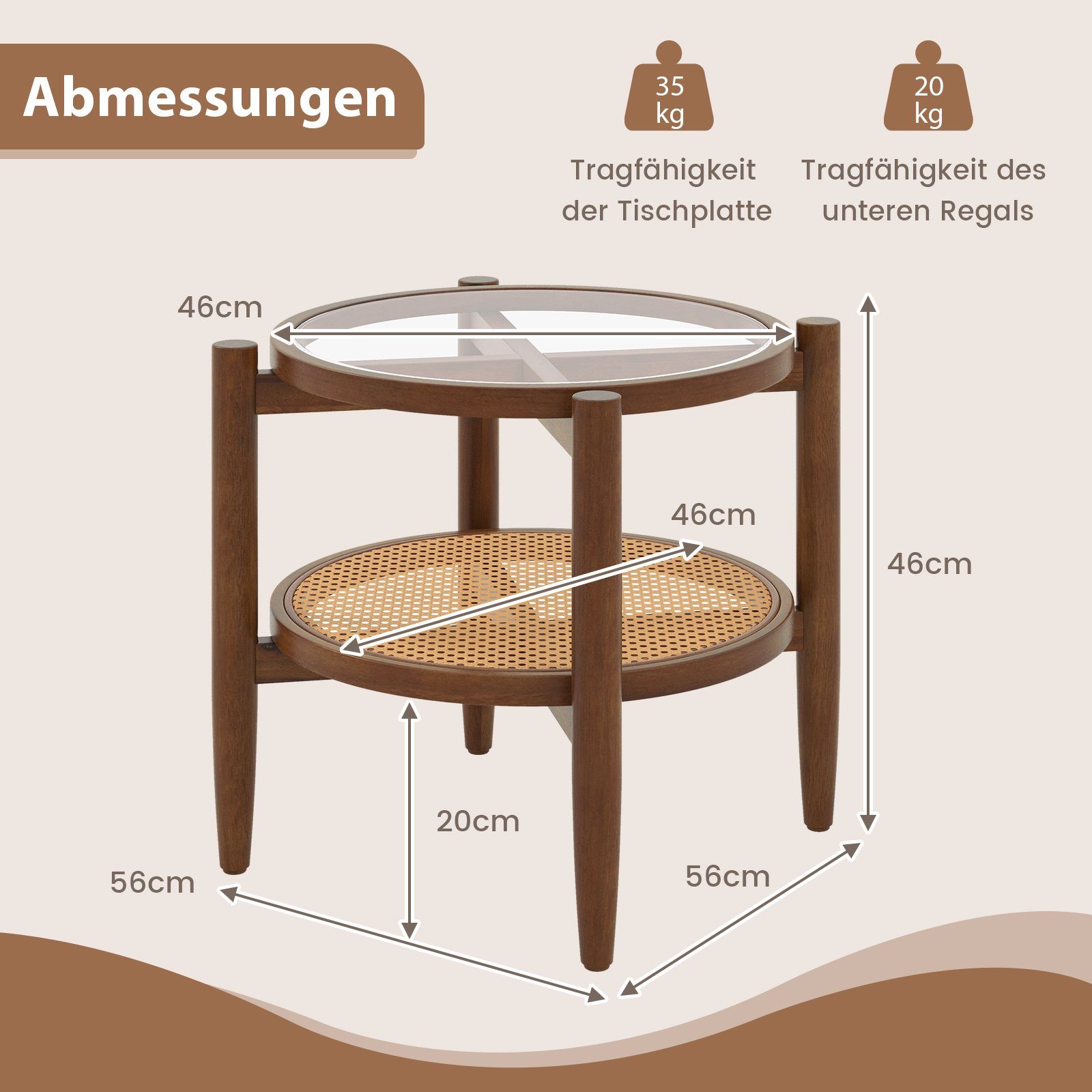 gehärtete Ablage, Rattan COSTWAY mit Glasplatte, 56x56cm rund Beistelltisch,