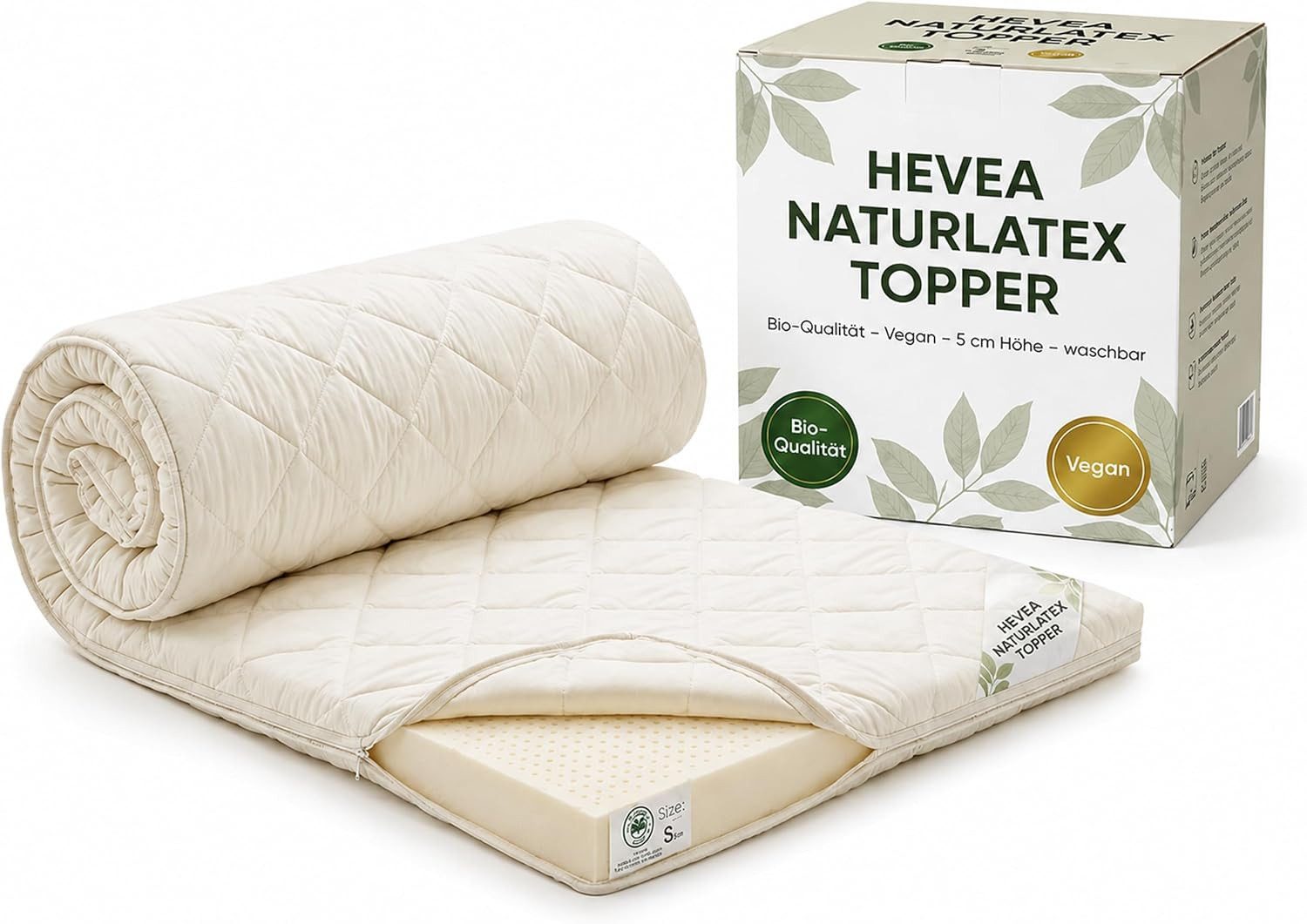 Matratzenauflage Naturlatex Topper HEVEA – Bio-Qualität – Vegan – 5 cm Höhe – waschbar geborgenschlafen, Topper Naturlatex für alle Schlaftypen & Matratzenarten geeignet