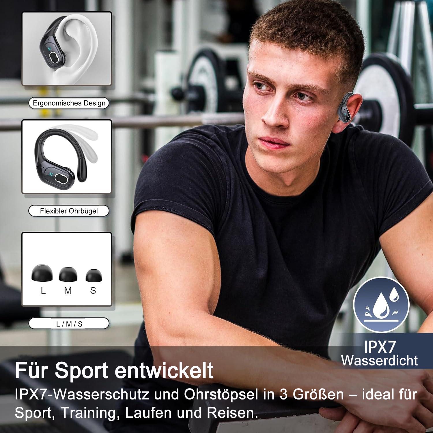 Futicare Sportkopfhörer Bluetooth 5.4 mit Ohrbügel,ENC-Mikrofon und 75 Std.Akku In-Ear-Kopfhörer (kabelloses Headset mit Dual-LED, IPX7 für Laufen, Fitness & Alltag, physische Tastensteuerung gegen versehentliche Berührungen)