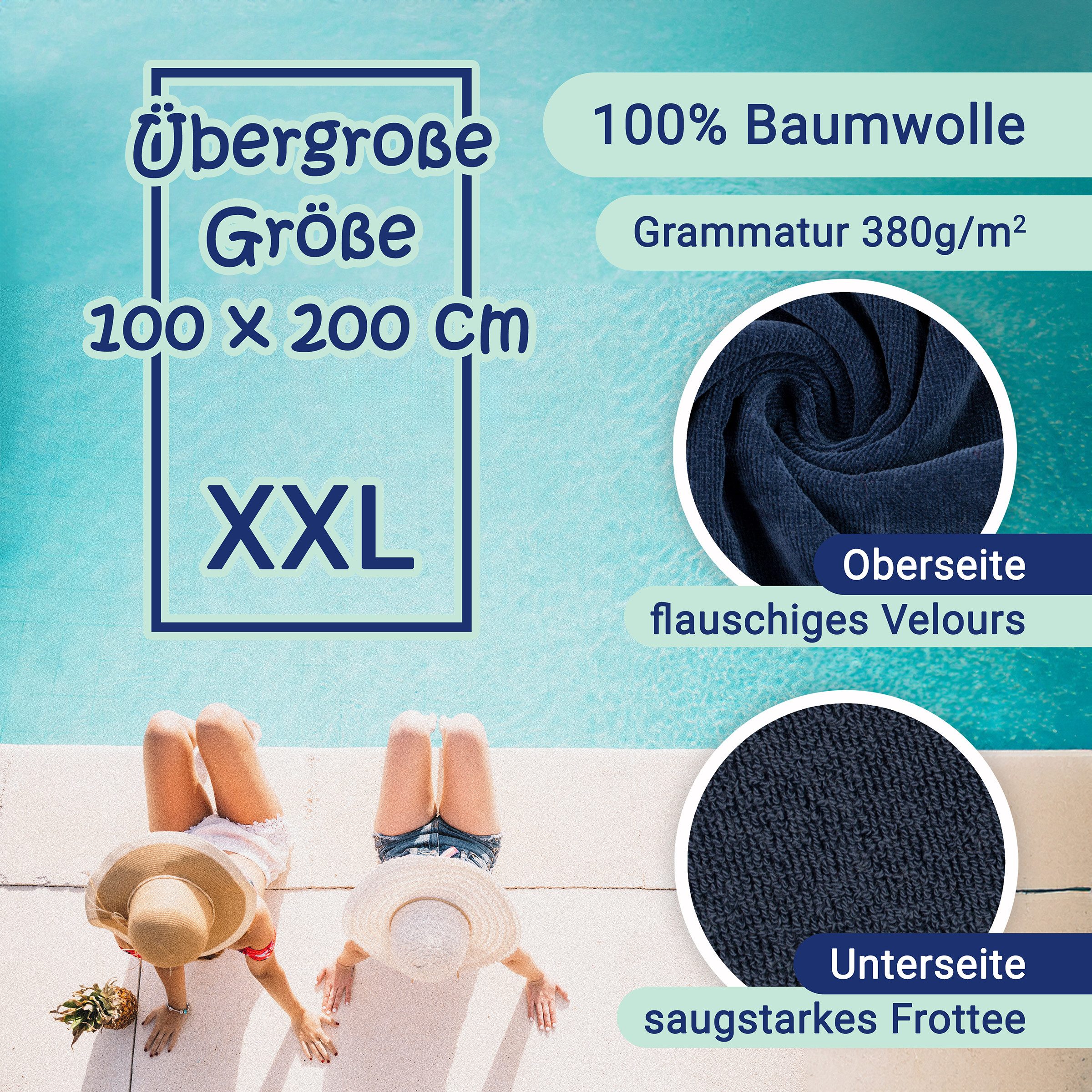 ZOLLNER Strandtuch, Glattvelours (1-St), 100 x 200 cm, 100% Baumwolle, aus hochwertigem Velours
