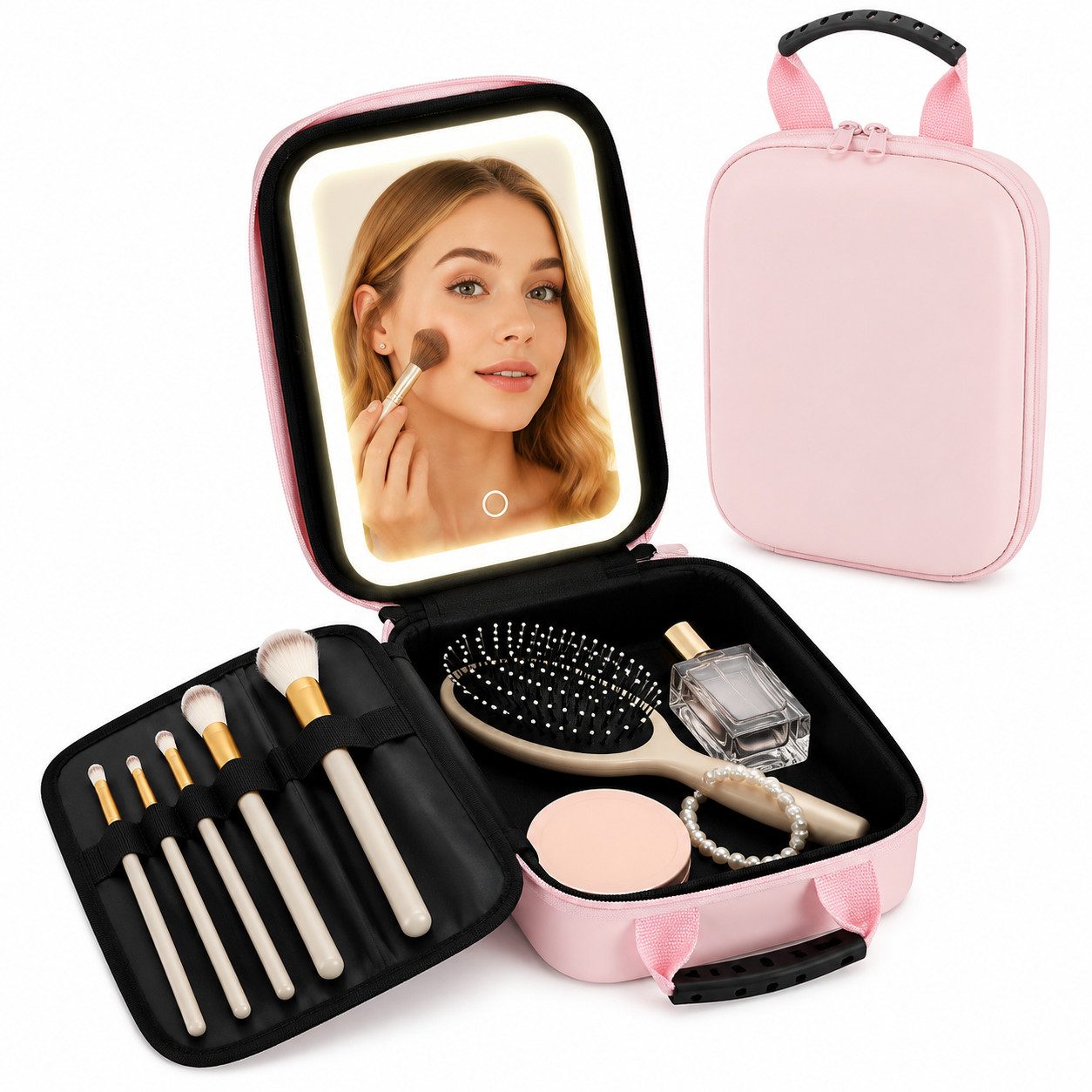 Fyrove Kosmetiktasche LED Kosmetikkoffer mit Spiegel, 3 Lichtfarben, Touch-Steuerung (Perfekte Beauty-Organisation mit integriertem LED-Spiegel, kompakt, elegant), ideal für Make-up, Pflegeprodukte und unterwegs