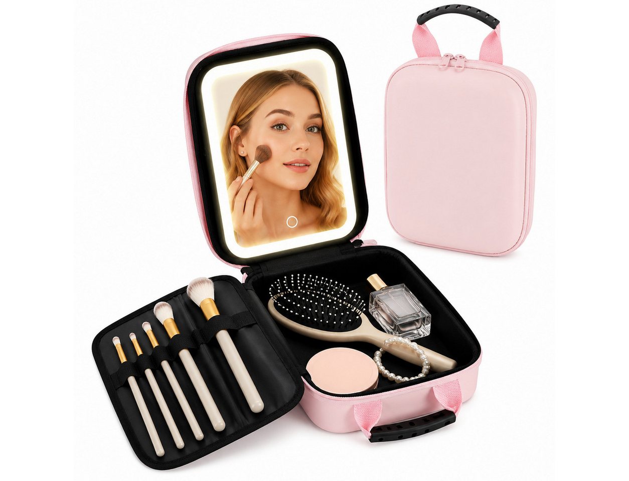 Fyrove Kosmetiktasche LED Kosmetikkoffer mit Spiegel, 3 Lichtfarben, Touch-Steuerung (Perfekte Beauty-Organisation mit integriertem LED-Spiegel, kompakt, elegant), ideal für Make-up, Pflegeprodukte und unterwegs