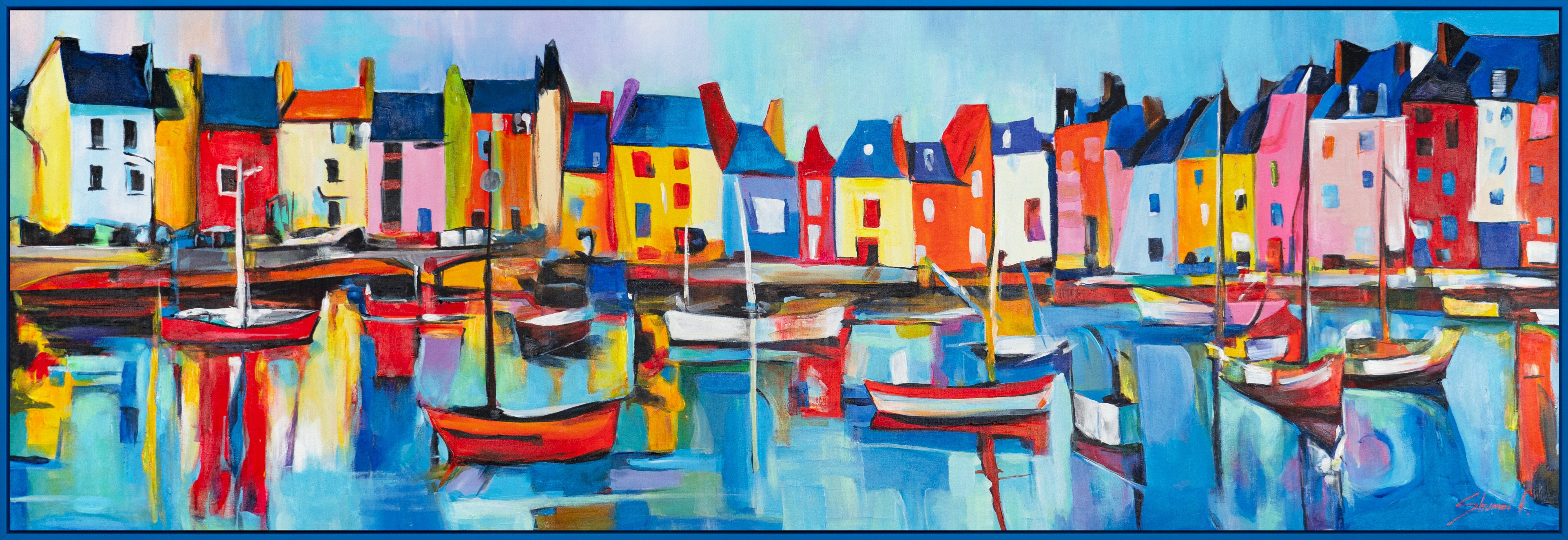 YS-Art Gemälde Lebhafter Hafen, Meer Mit Rahmen in Blau