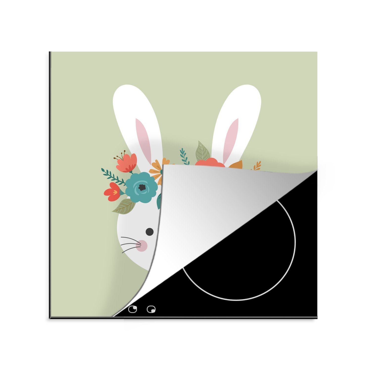 MuchoWow Herdblende-/Abdeckplatte Kaninchen - Blumen - Tiere, Vinyl, (1 tlg), 78x78 cm, Ceranfeldabdeckung, Arbeitsplatte für küche