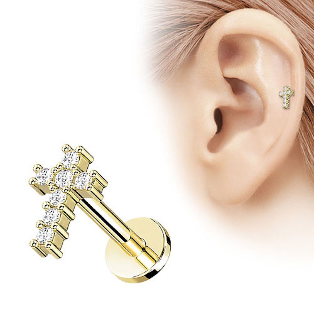 Taffstyle Piercing-Set Tragus Ohr Knorpel Helix Piercing Kristall Kreuz, Stecker Glitzer Kugeln Ohr Cartilage Ohrpiercing Barbell Stab Knorpel Gold