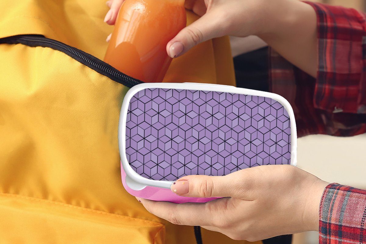 MuchoWow Lunchbox 3D - Kinder, (2-tlg), Erwachsene, - Muster für Blöcke, Kunststoff, Brotdose Snackbox, rosa Mädchen, Kunststoff Brotbox