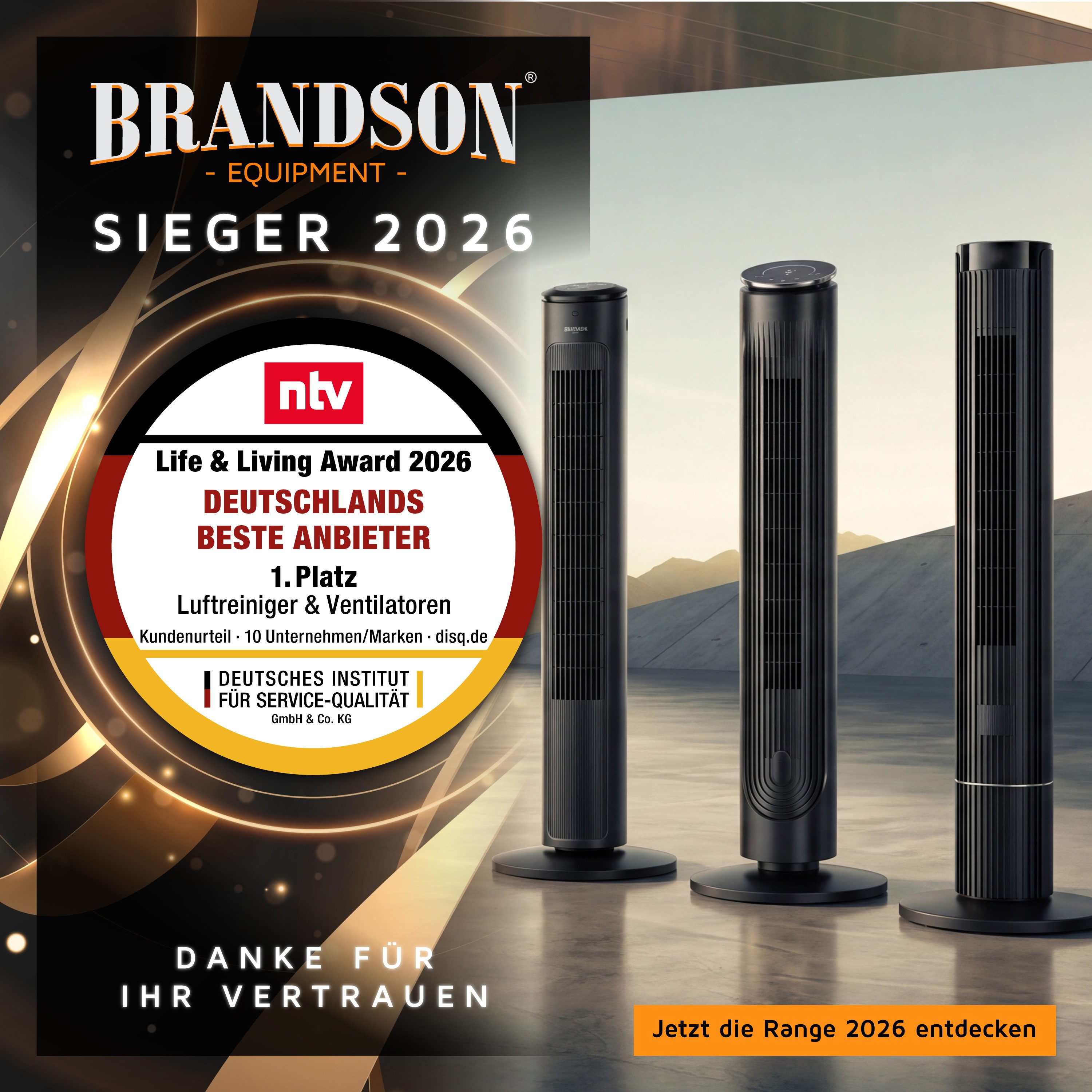 Brandson Turmventilator mit Fernbedienung, sehr leise, DC Motor, Schlaf Modus, Oszillation, Sieger Life&Living Award 2026, 12 Geschwindigkeitsstufen, Lüfter